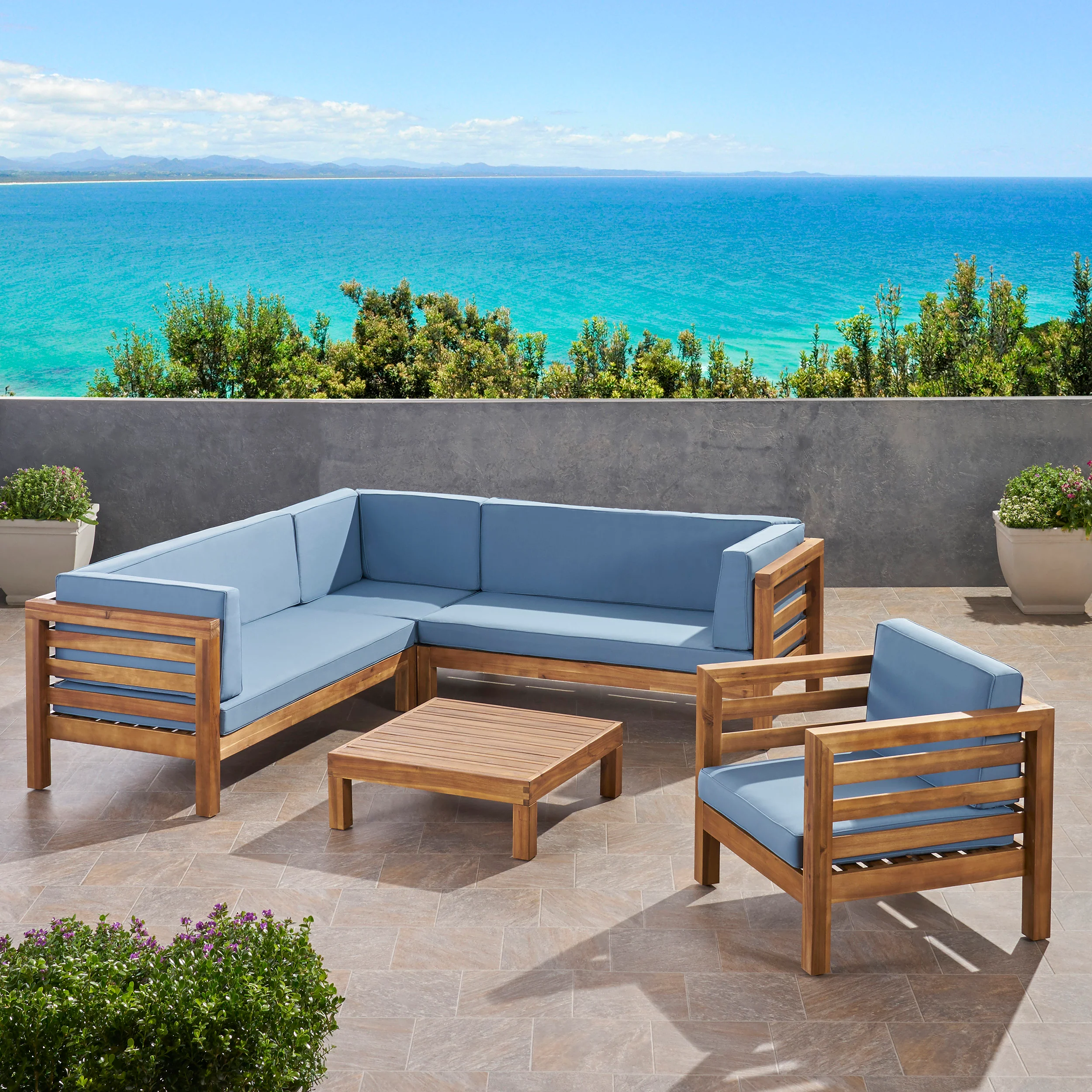 Emma Outdoor 6 Seater Acacia Wood Sectional Sofa and Club Chair Set - furnishings