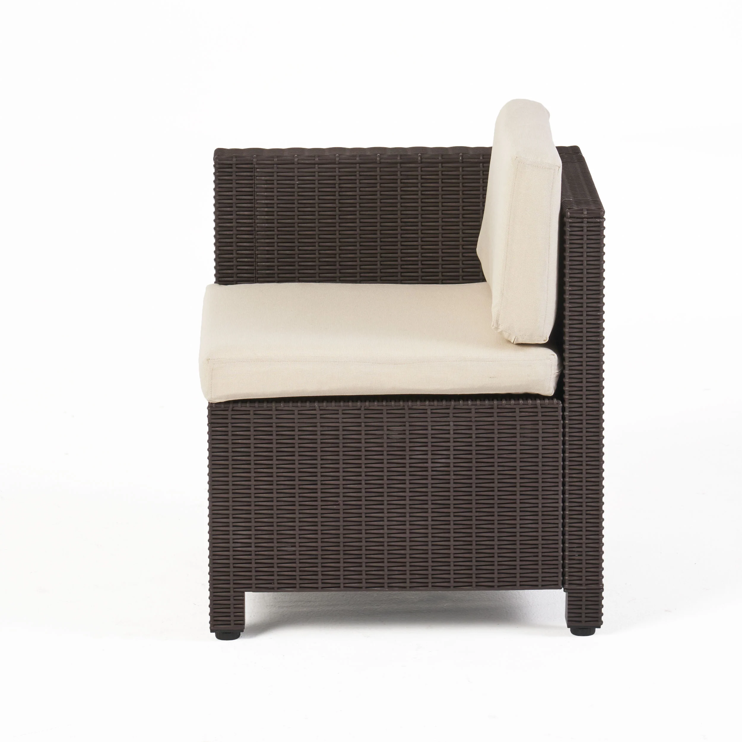 Russel Outdoor Injection Molded Small Space 3 Seater L Shaped Sectional, Dark Brown and Beige - furnishings