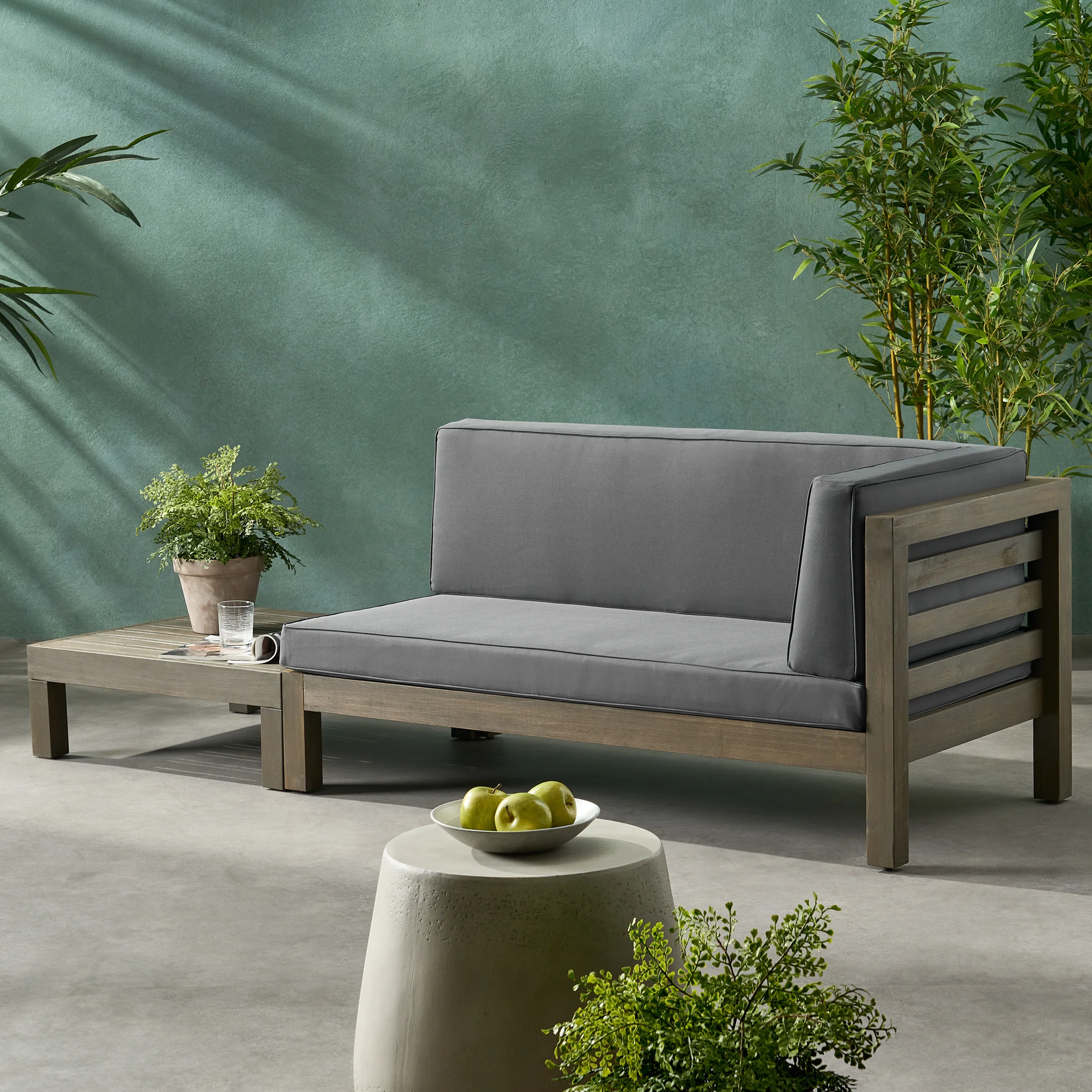 Cascada Outdoor Acacia Wood Right Arm Loveseat and Coffee Table Set with Cushion - furnishings