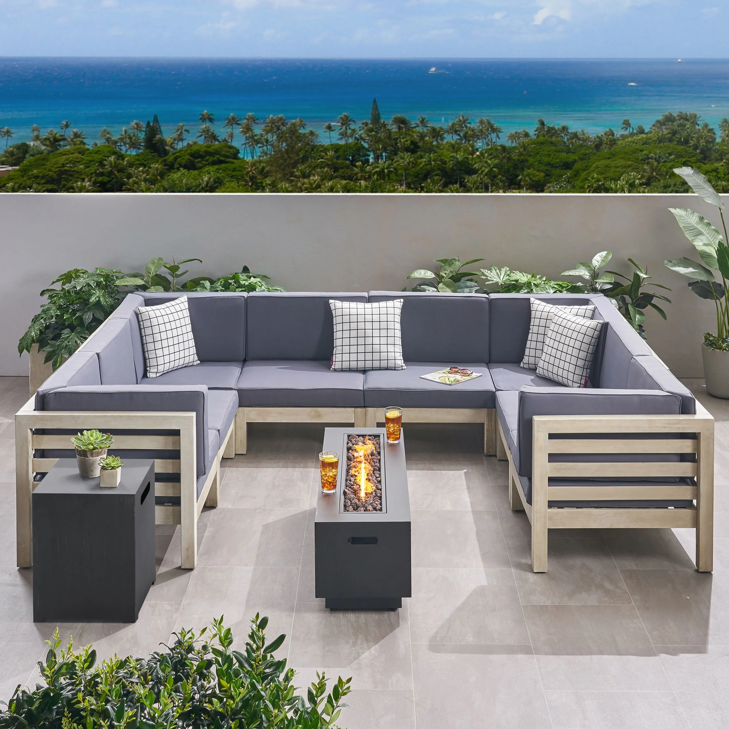 Krystin Outdoor U-Shaped Sectional Sofa Set with Fire Pit - furnishings