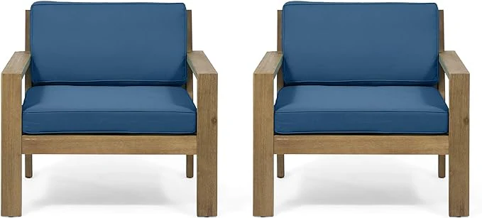 Ben Outdoor Acacia Wood Club Chairs with Cushions (Set of 2) - furnishings