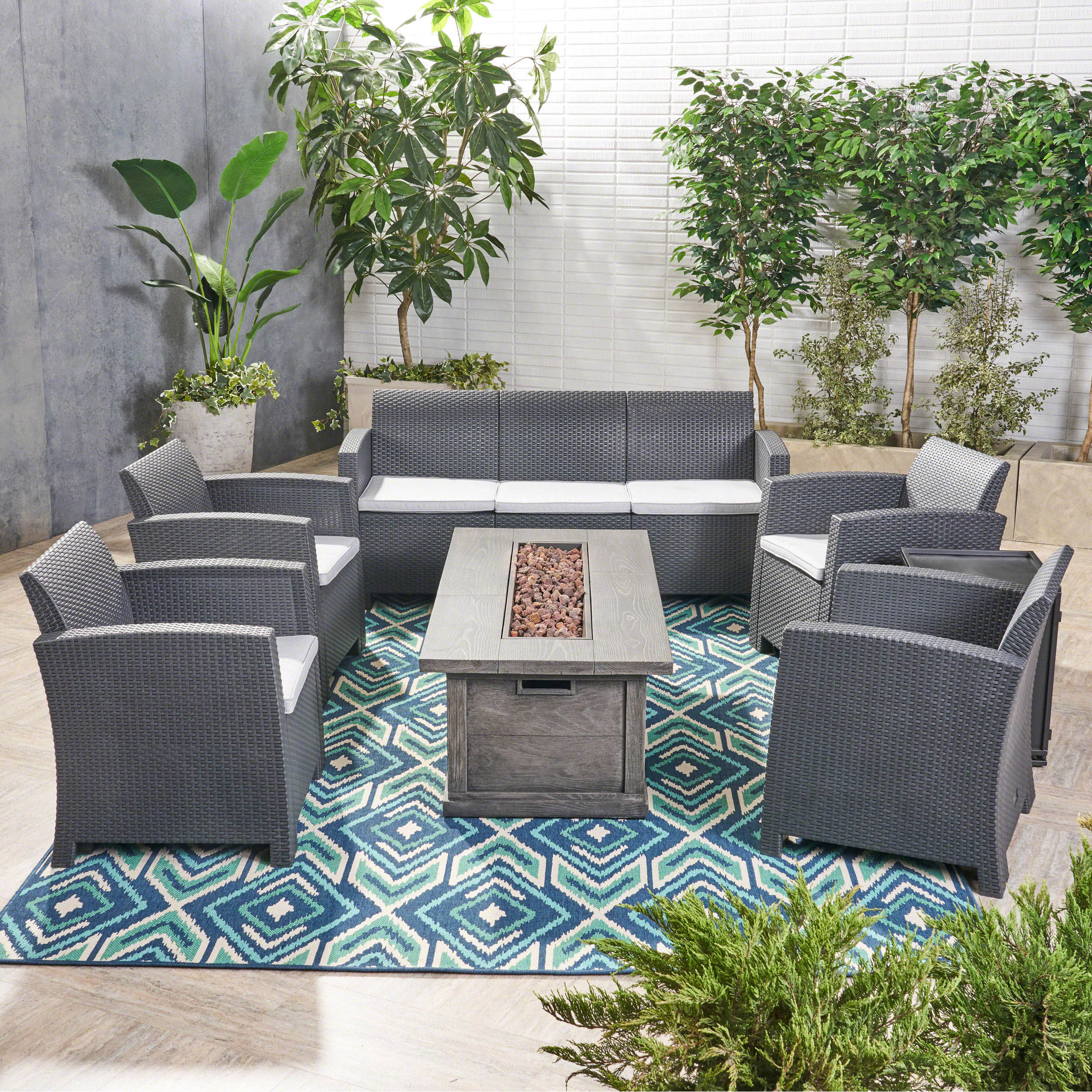 Melik Outdoor 7-Seater Wicker Print Chat Set with Fire Pit and Tank Holder - furnishings