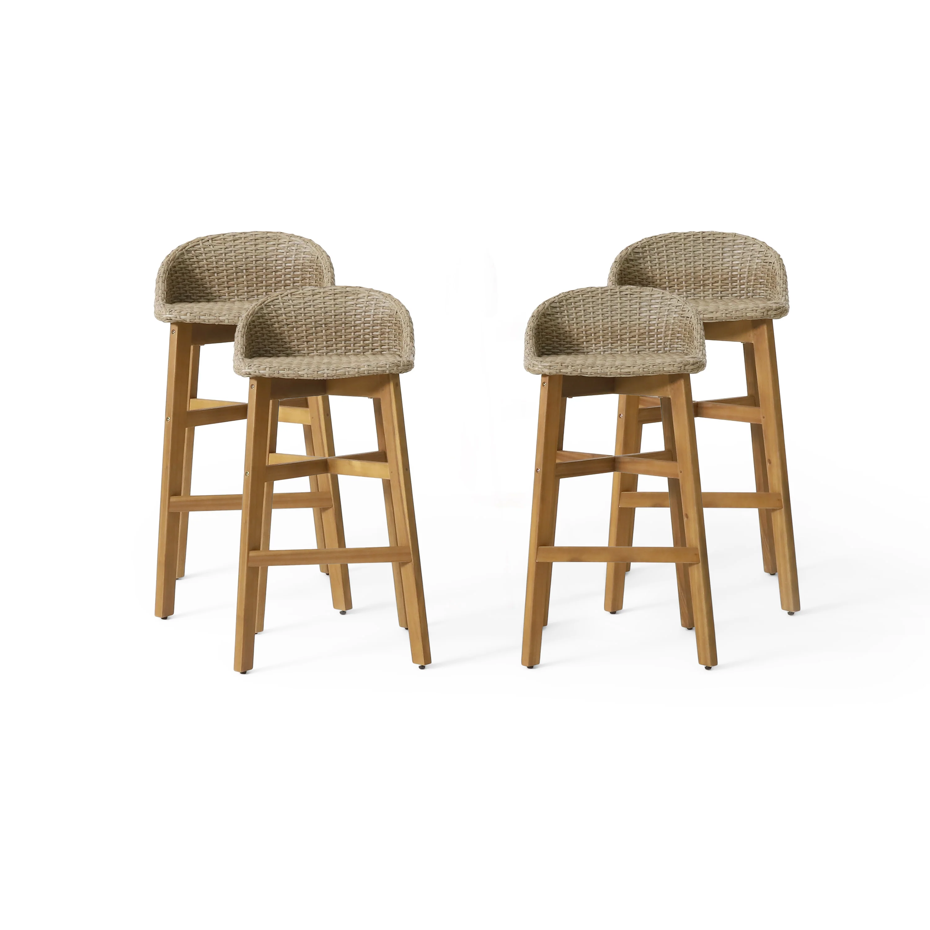 Beeson Outdoor Wicker and Acacia Wood 30 Inch Barstools, Set of 4, Light Multibrown and Teak - furnishings