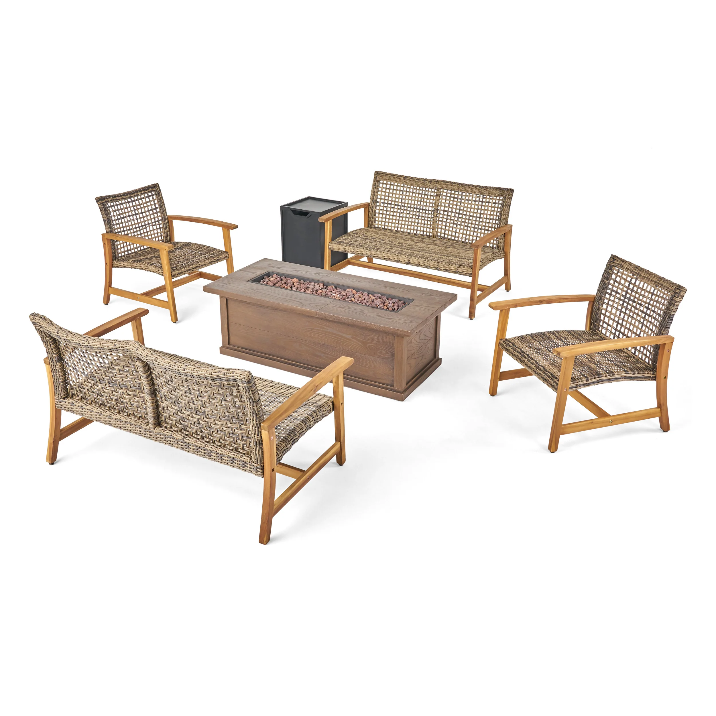 Rachel Outdoor 6 Piece Wood and Wicker Chat Set with Fire Pit - furnishings