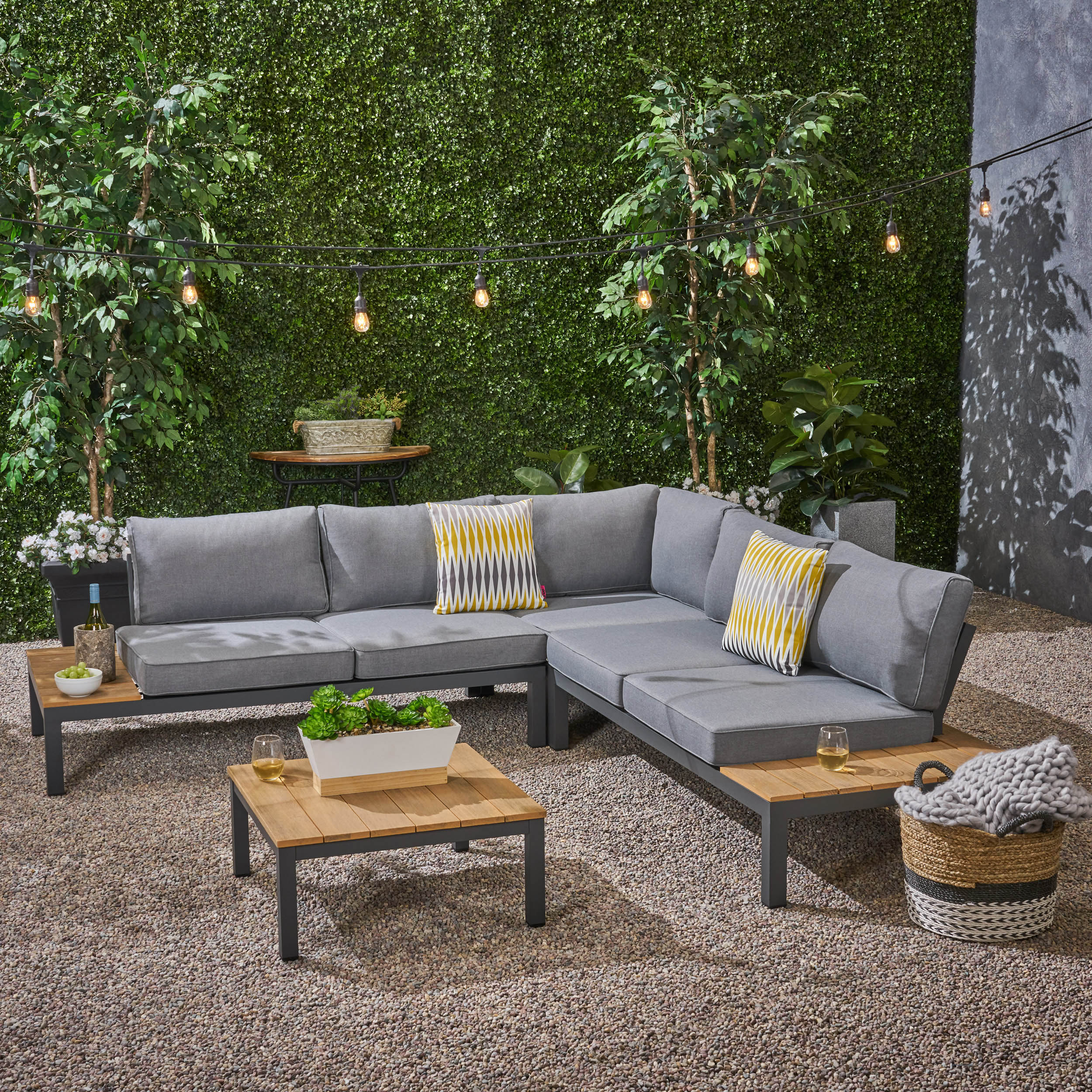 Blessen Outdoor Aluminum and Wood V-Shaped Sofa Set with Cushions - furnishings