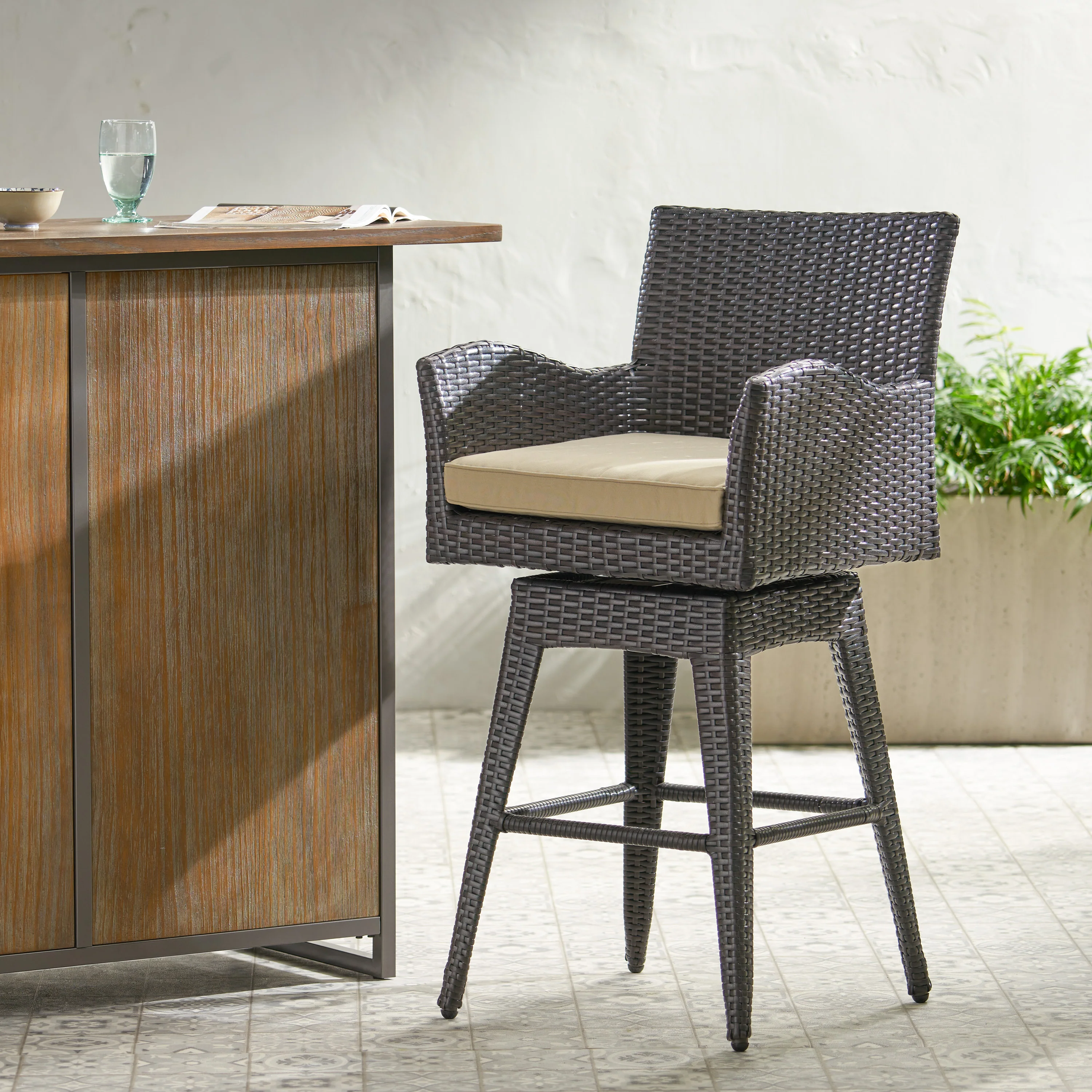 Royer Modern Outdoor Multi-Brown Wicker Swivel Barstool with Tapered Legs - furnishings