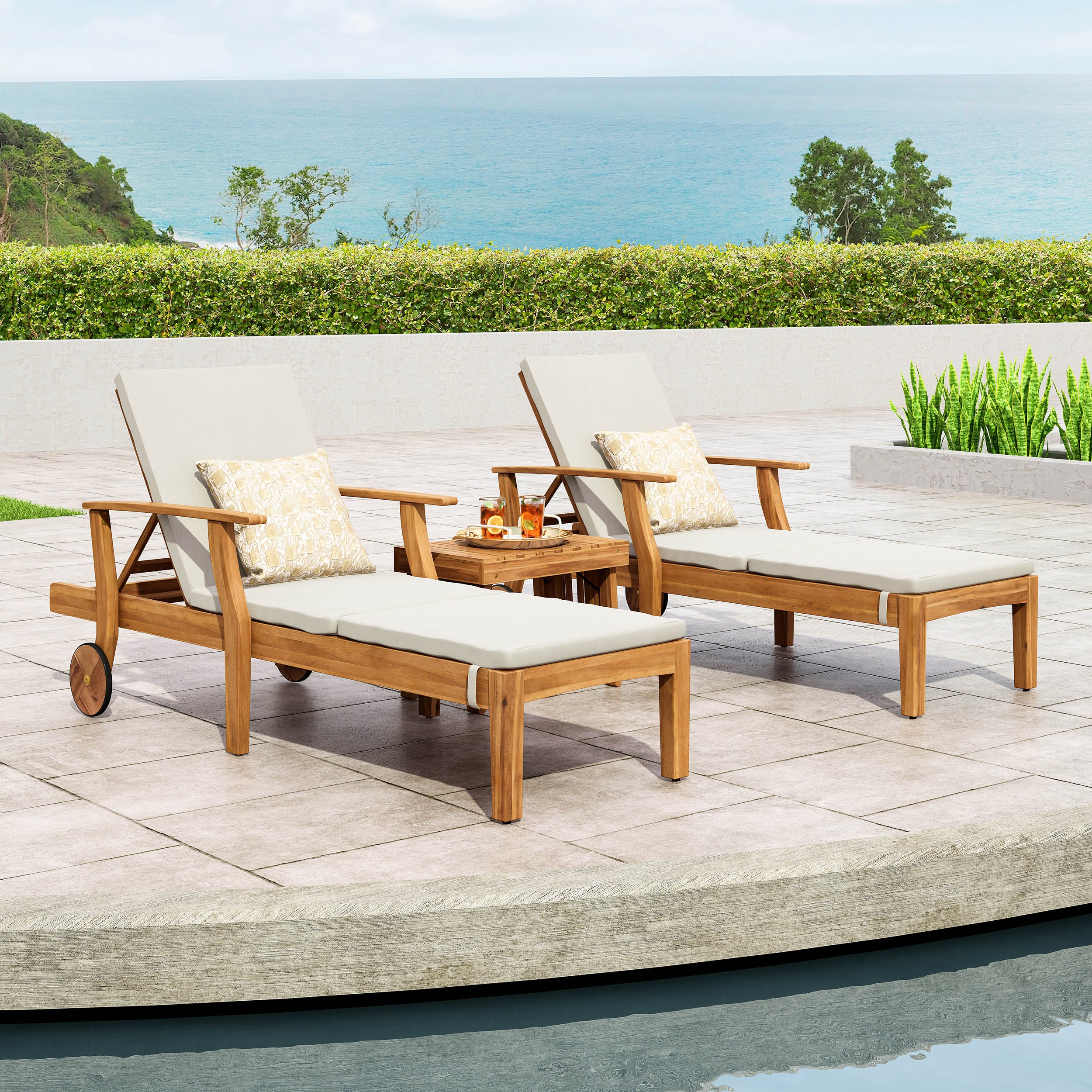 Capri Outdoor Acacia Wood 3 Piece Chaise Lounge Set with Water-Resistant Cushions - furnishings