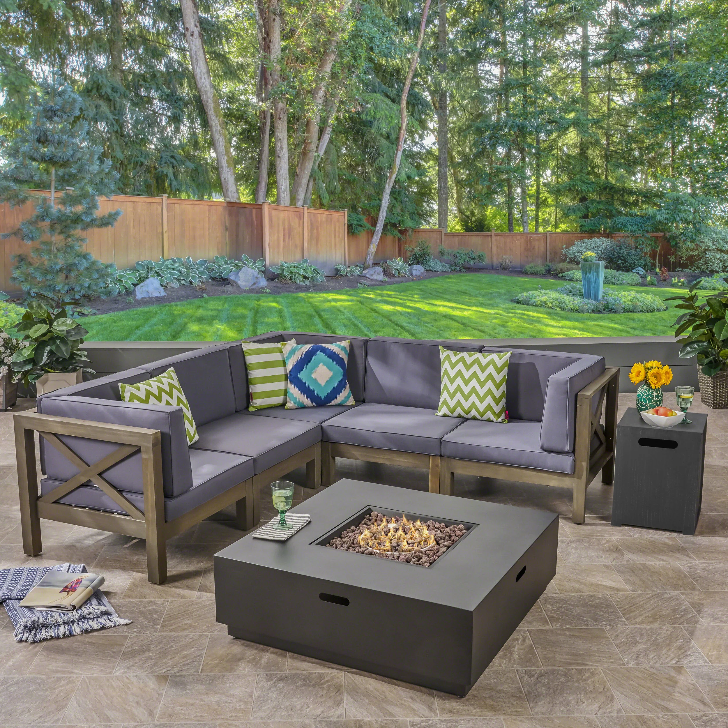 Gina Outdoor Acacia Wood 5 Seater Sectional Sofa Set with Fire Pit - furnishings