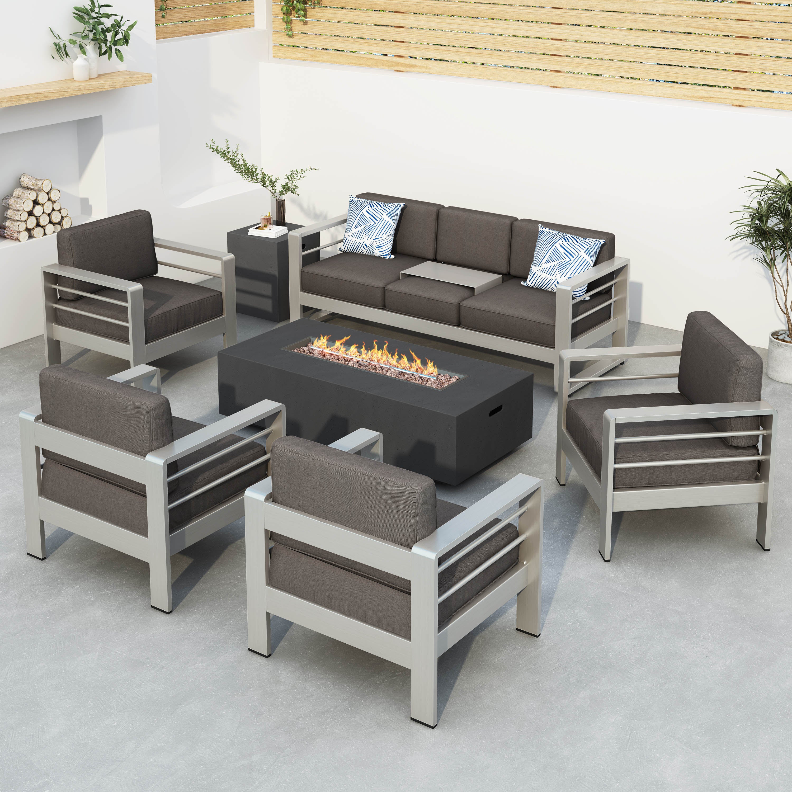 Coral Outdoor Aluminum 7 Seater Chat Set with Fire Pit - furnishings