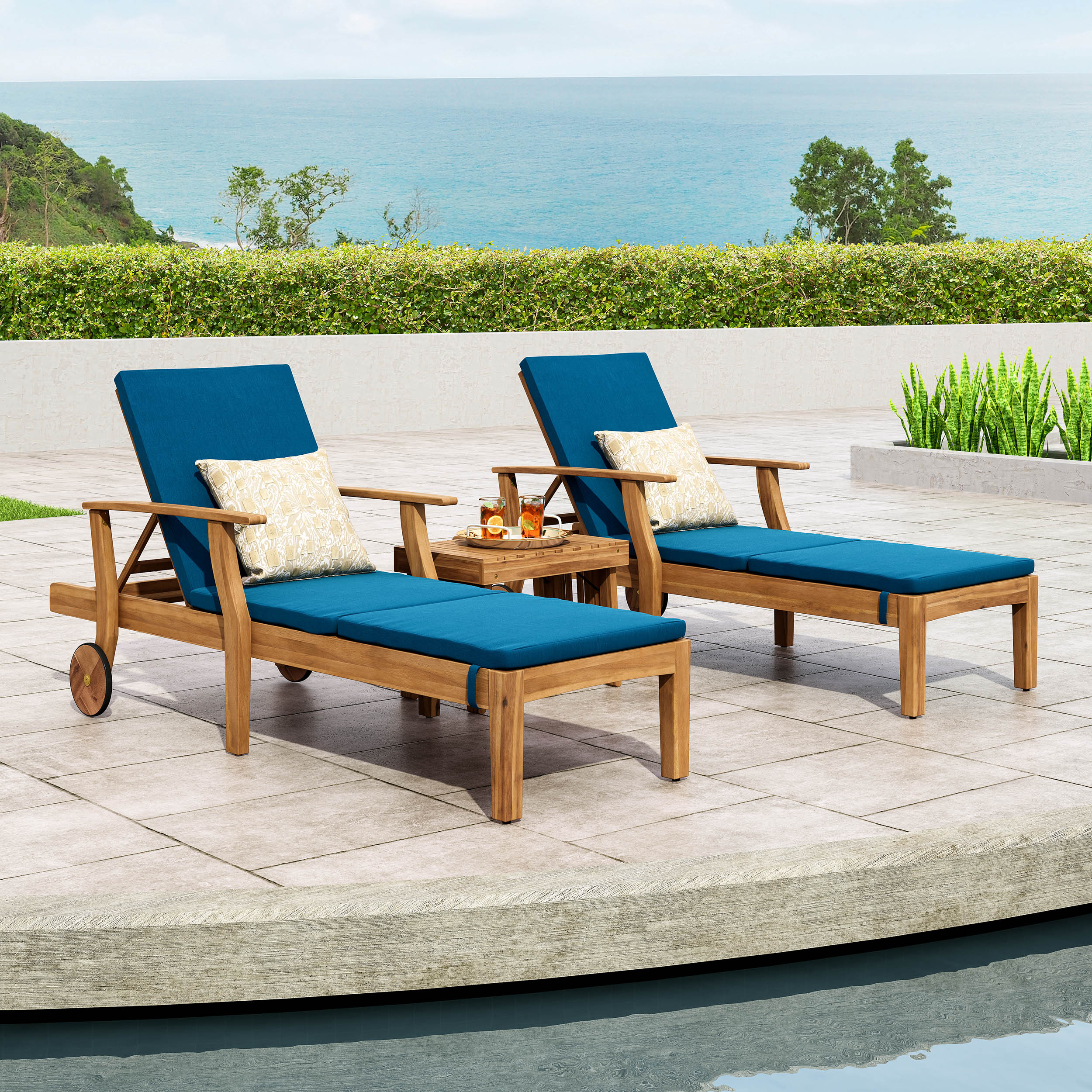 Capri Outdoor Acacia Wood 3 Piece Chaise Lounge Set with Water-Resistant Cushions - furnishings