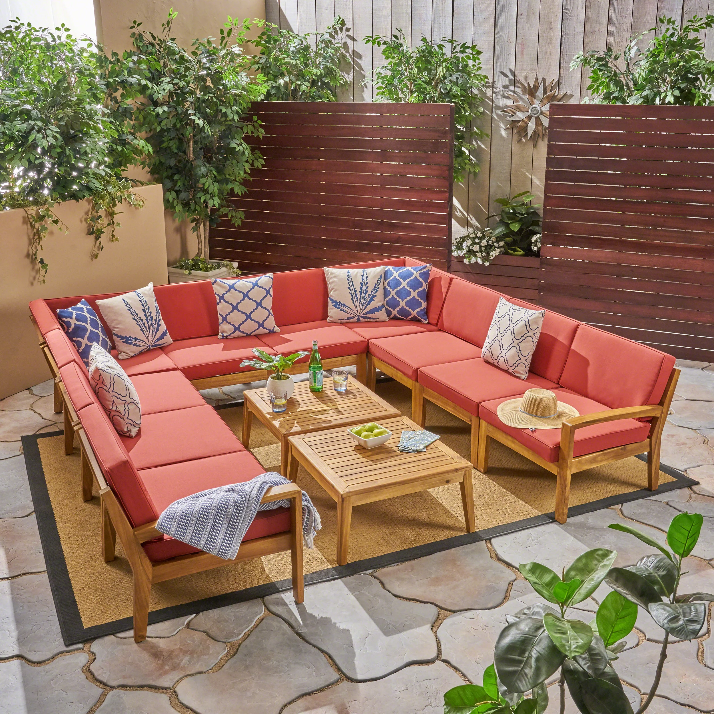 Ray Outdoor Acacia Wood 10 Seater Sectional Sofa Set with Two Coffee Tables - furnishings