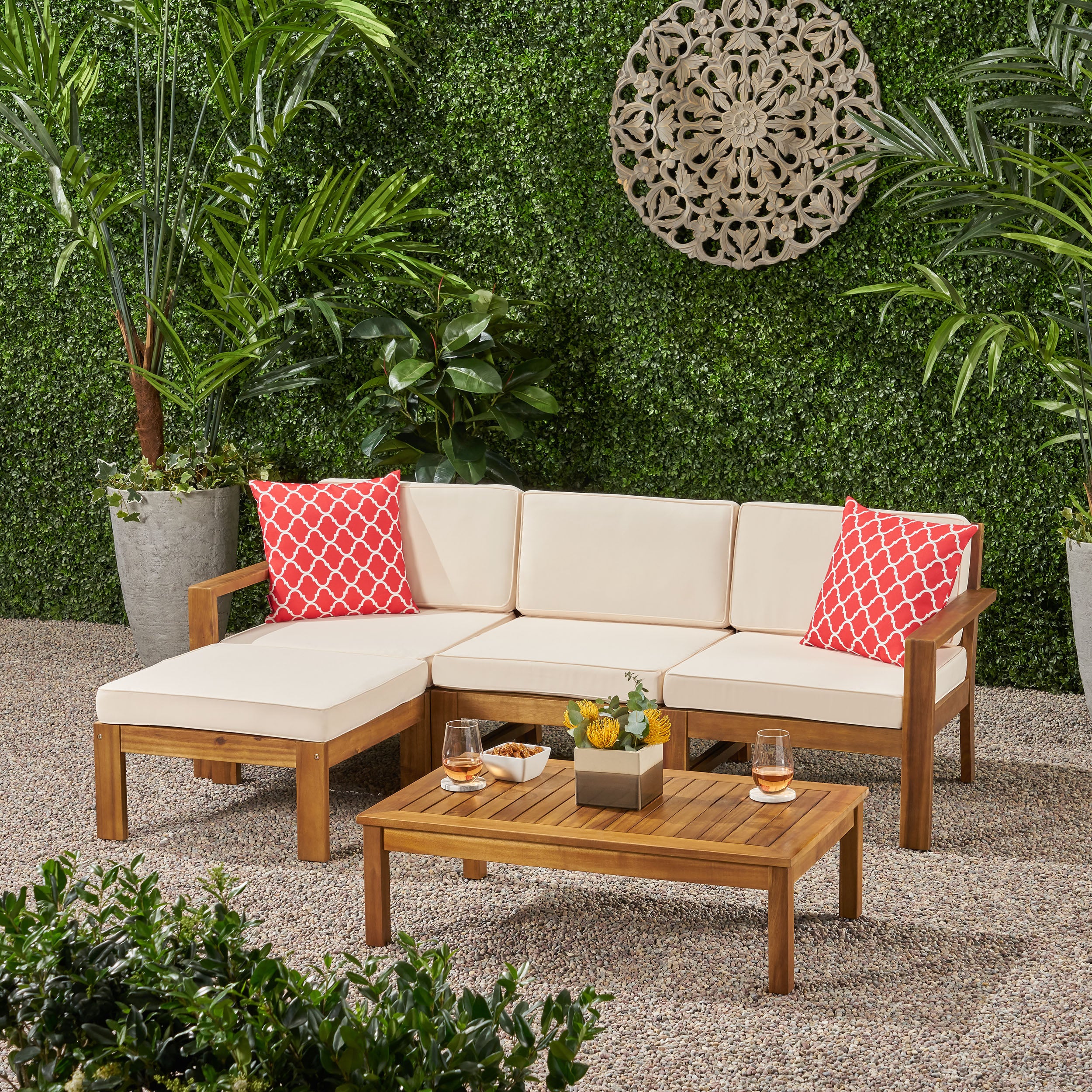 Makayla Ana Outdoor 3 Seater Acacia Wood Sofa Sectional with Cushions - furnishings