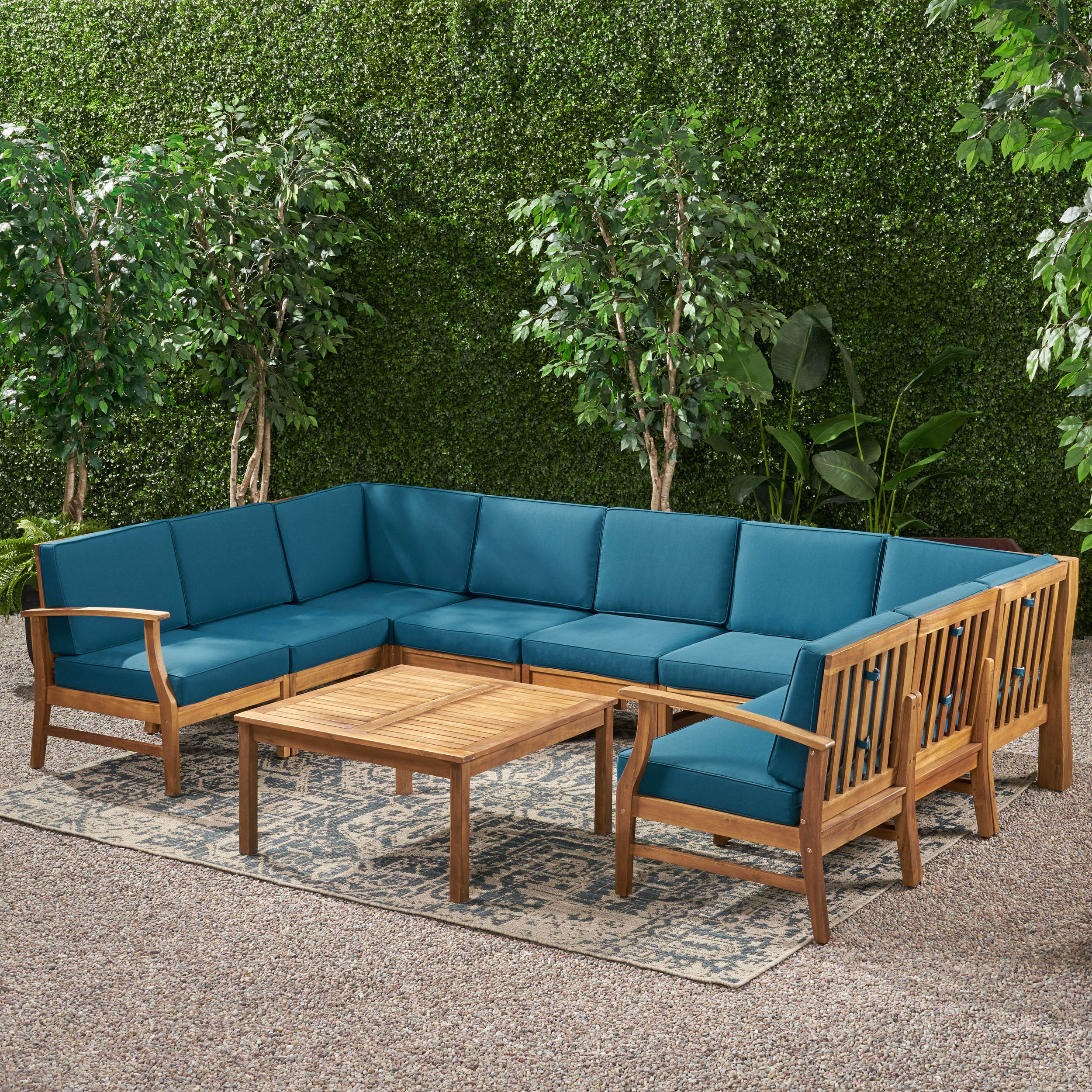 Judith Outdoor 9 Seater Acacia Wood Sectional Sofa Set with Cushions - furnishings