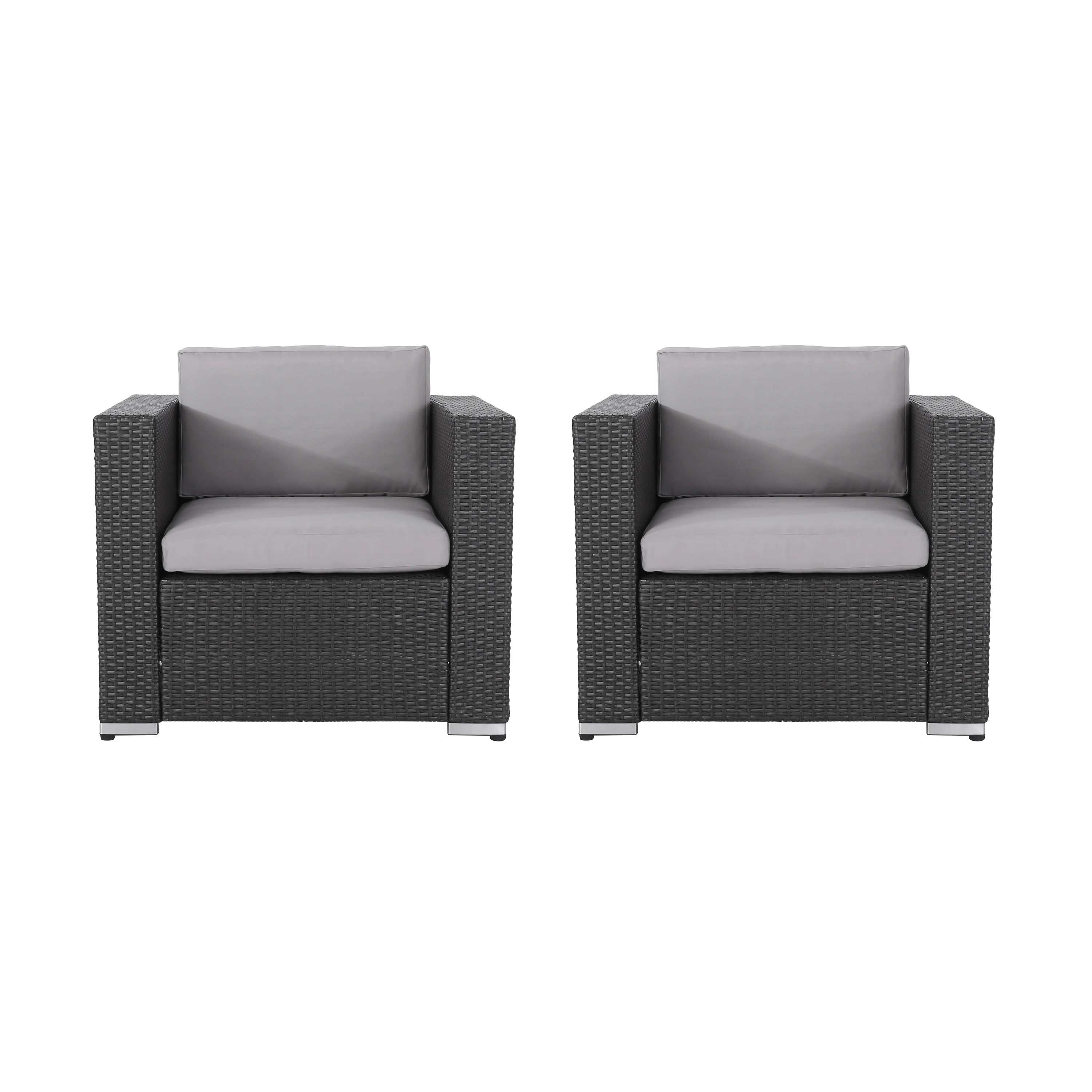 Verin Outdoor Grey Wicker Club Chair with Silver Water Resistant Fabric Cushions (Set of 2) - furnishings