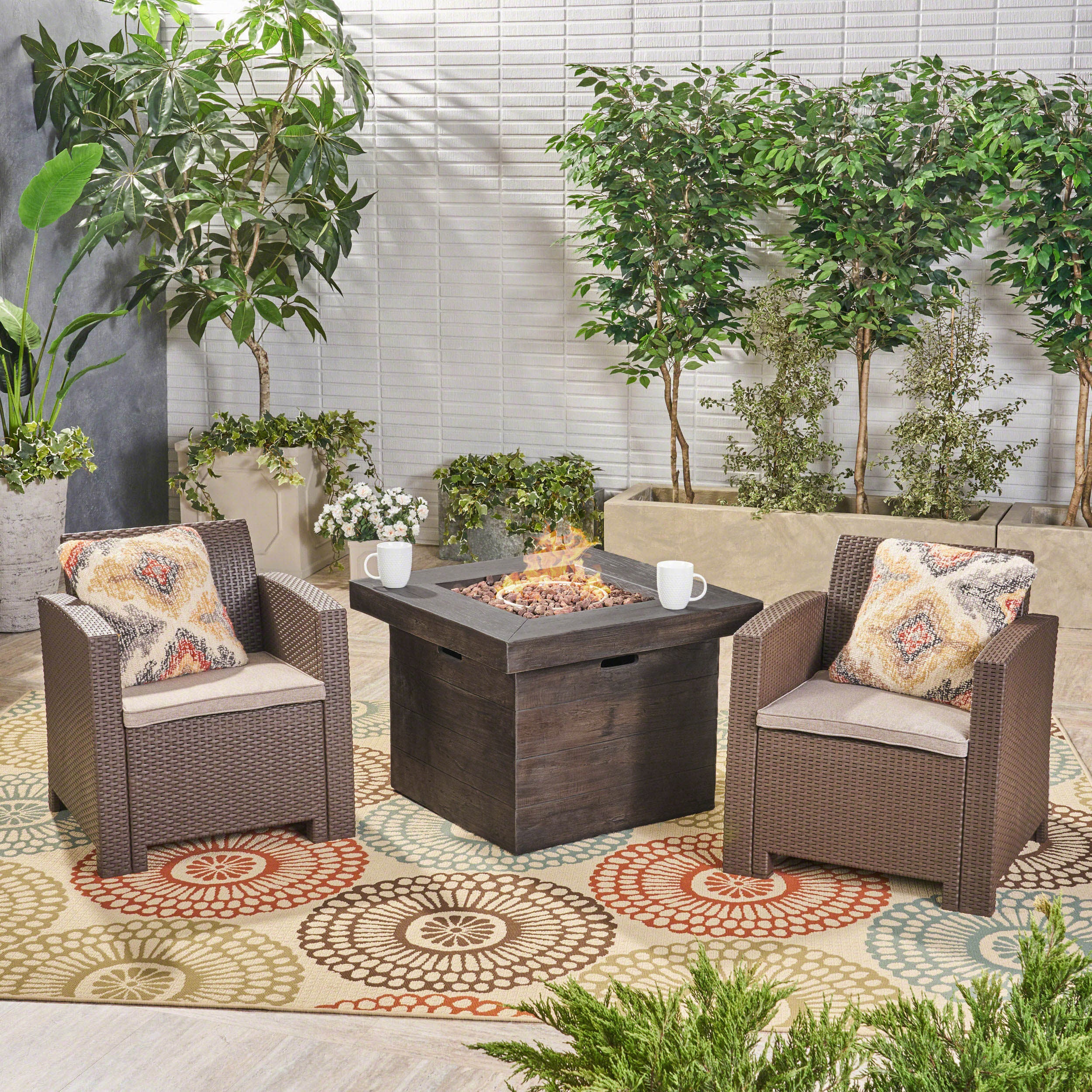 Ollie Outdoor 2-Seater Wicker Print Club Chair Chat Set with Fire Pit - furnishings