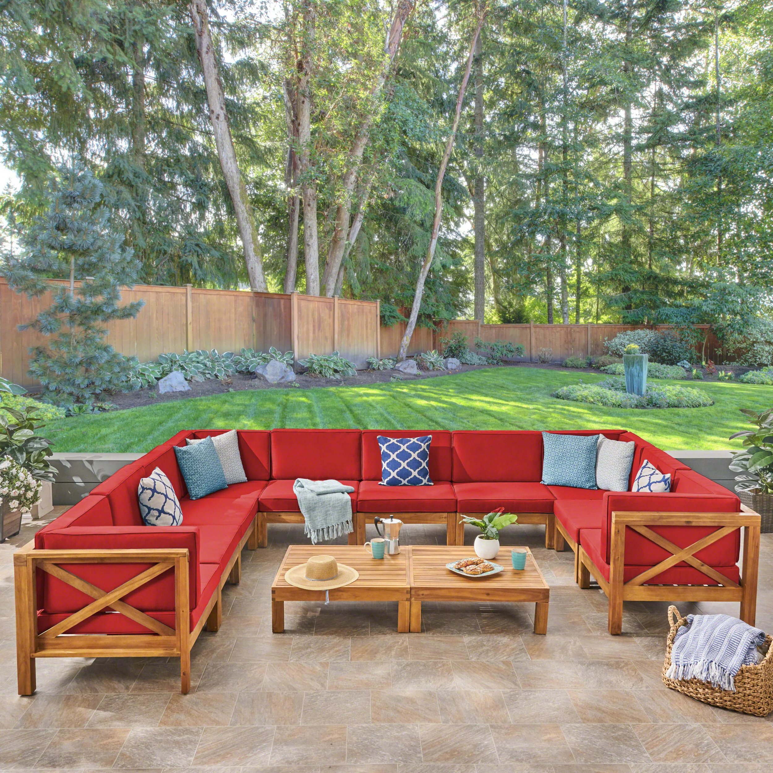 Keith Outdoor Acacia Wood 10 Seater U-Shaped Sectional Sofa Set with Two Coffee Tables - furnishings
