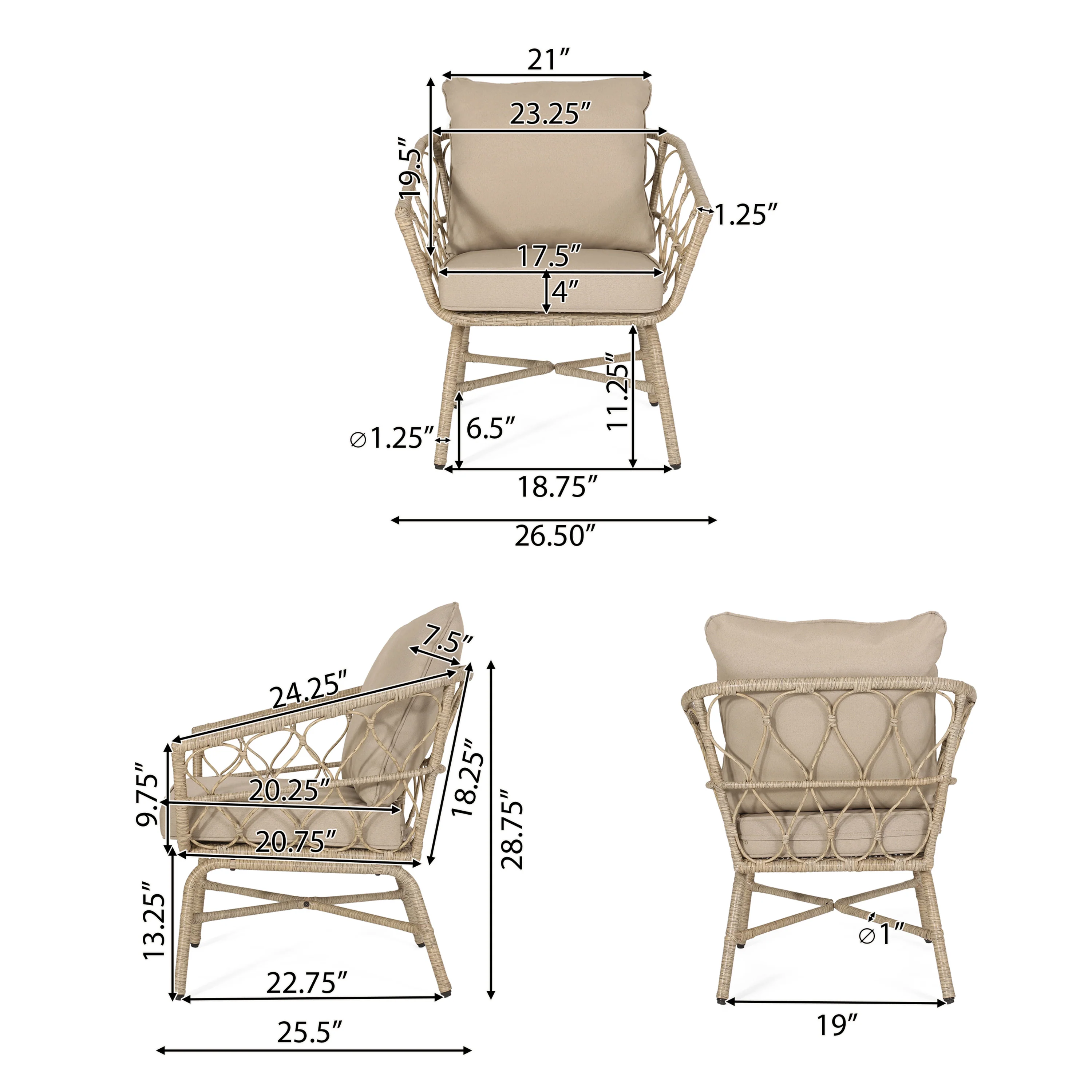 Colmar Outdoor Wicker Club Chairs with Cushions, Set of 2, Light Brown and Beige - furnishings
