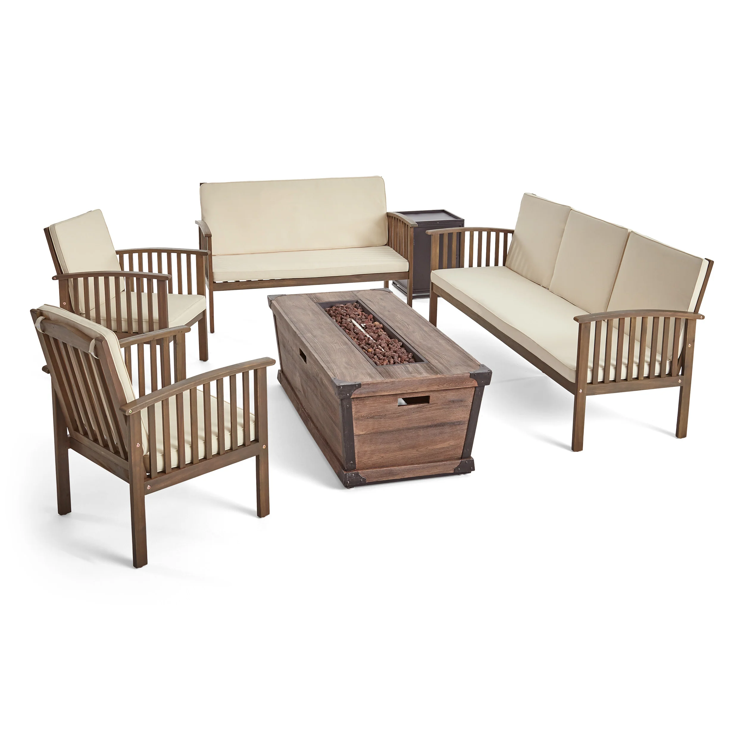 Beckley Outdoor 4 Piece Acacia Wood Conversational Set with Cushions and Fire Pit - furnishings