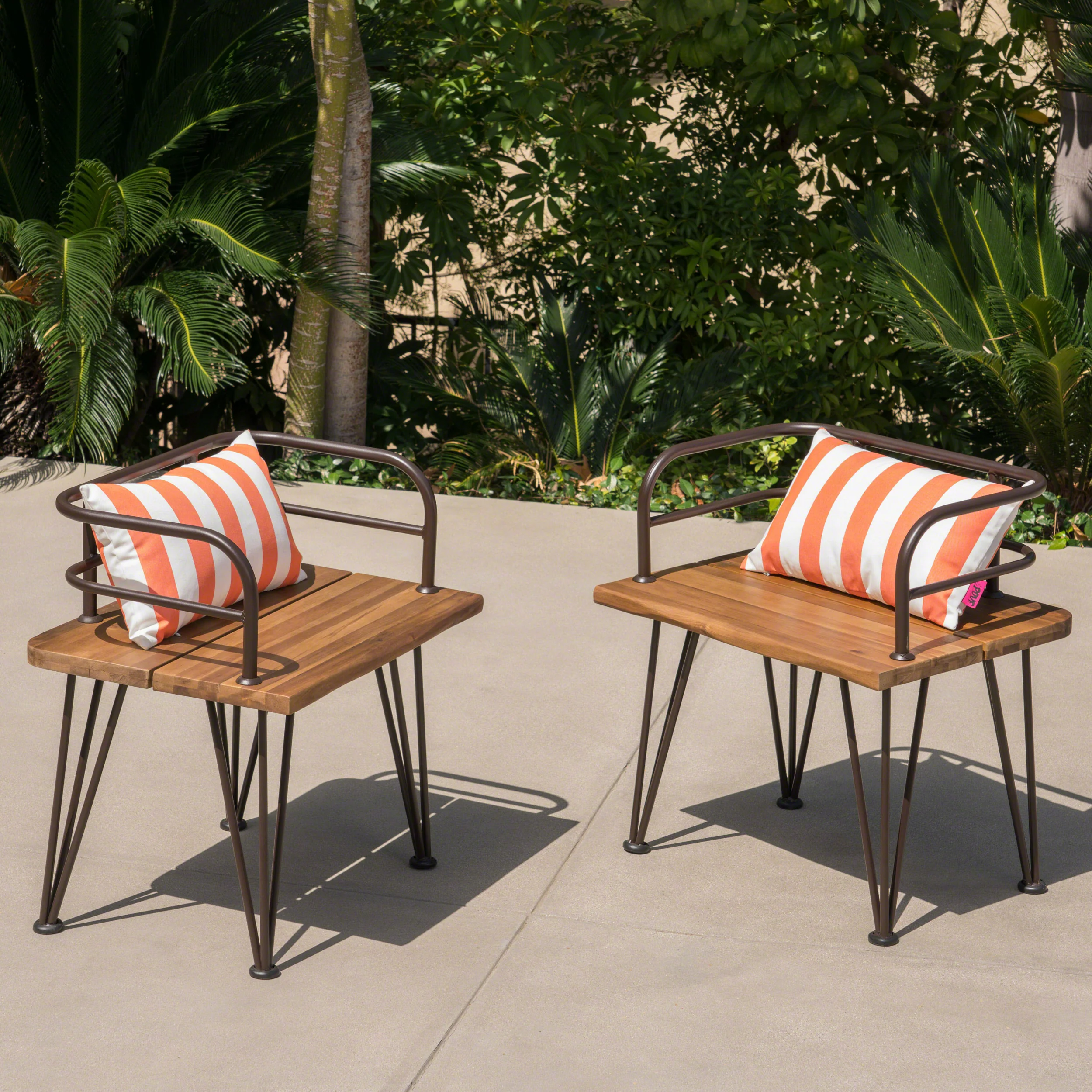 Avy Outdoor Rustic Industrial Acacia Wood Chairs with Metal Hairpin Legs (Set of 2), Teak - furnishings