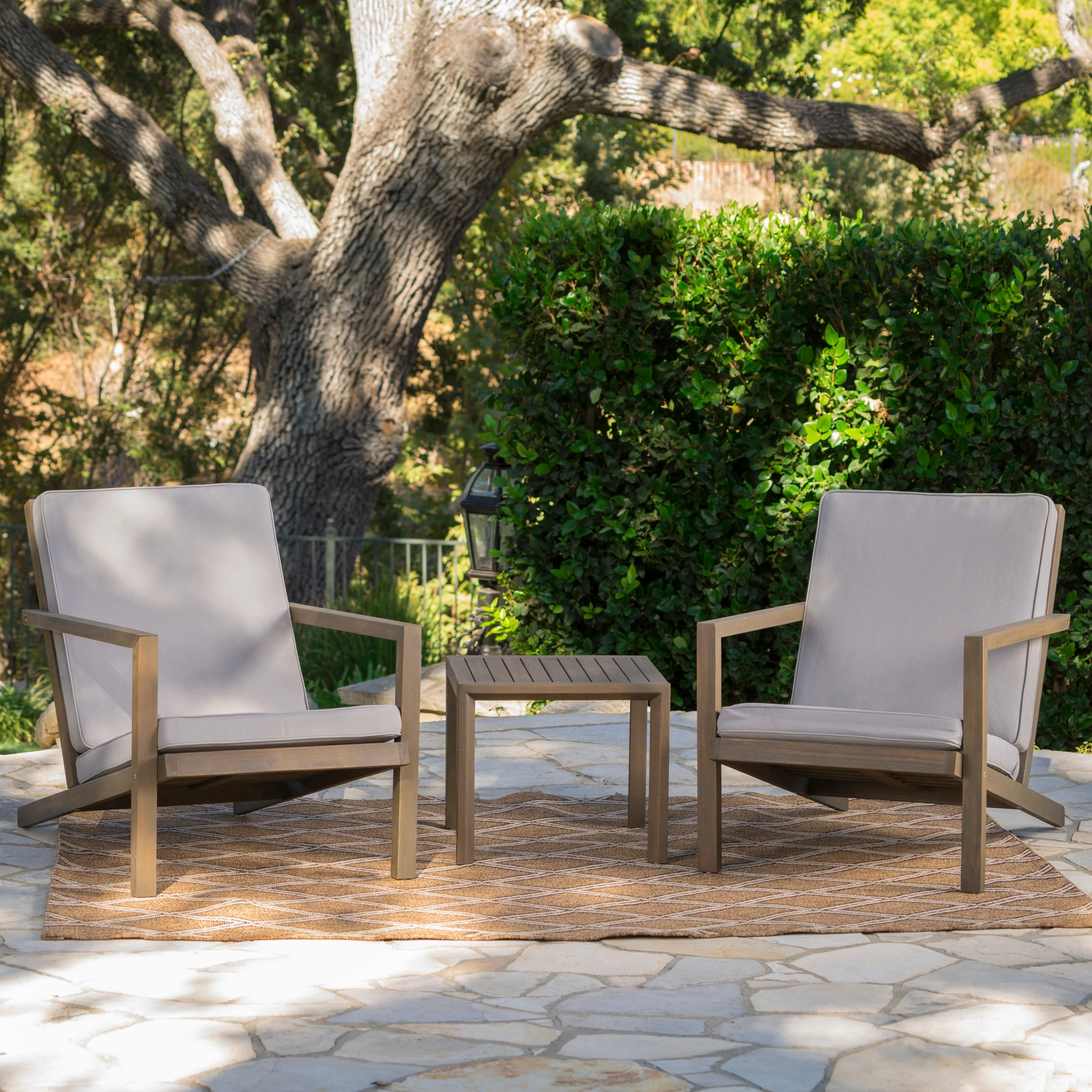 Ludwig Outdoor Acacia Wood 3 Piece Chat Set with Cushions - furnishings