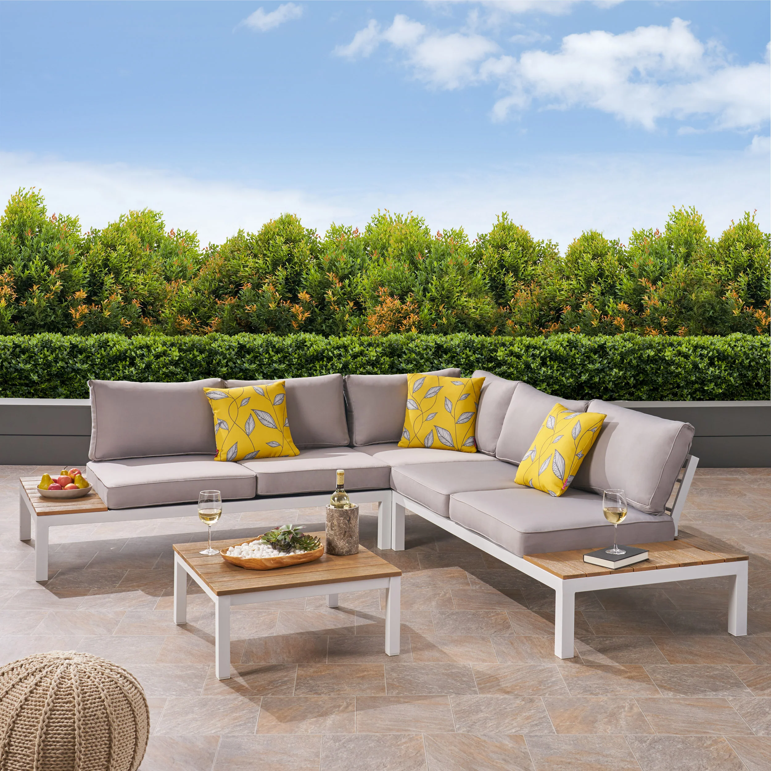 Blessen Outdoor Aluminum and Wood V-Shaped Sofa Set with Cushions - furnishings