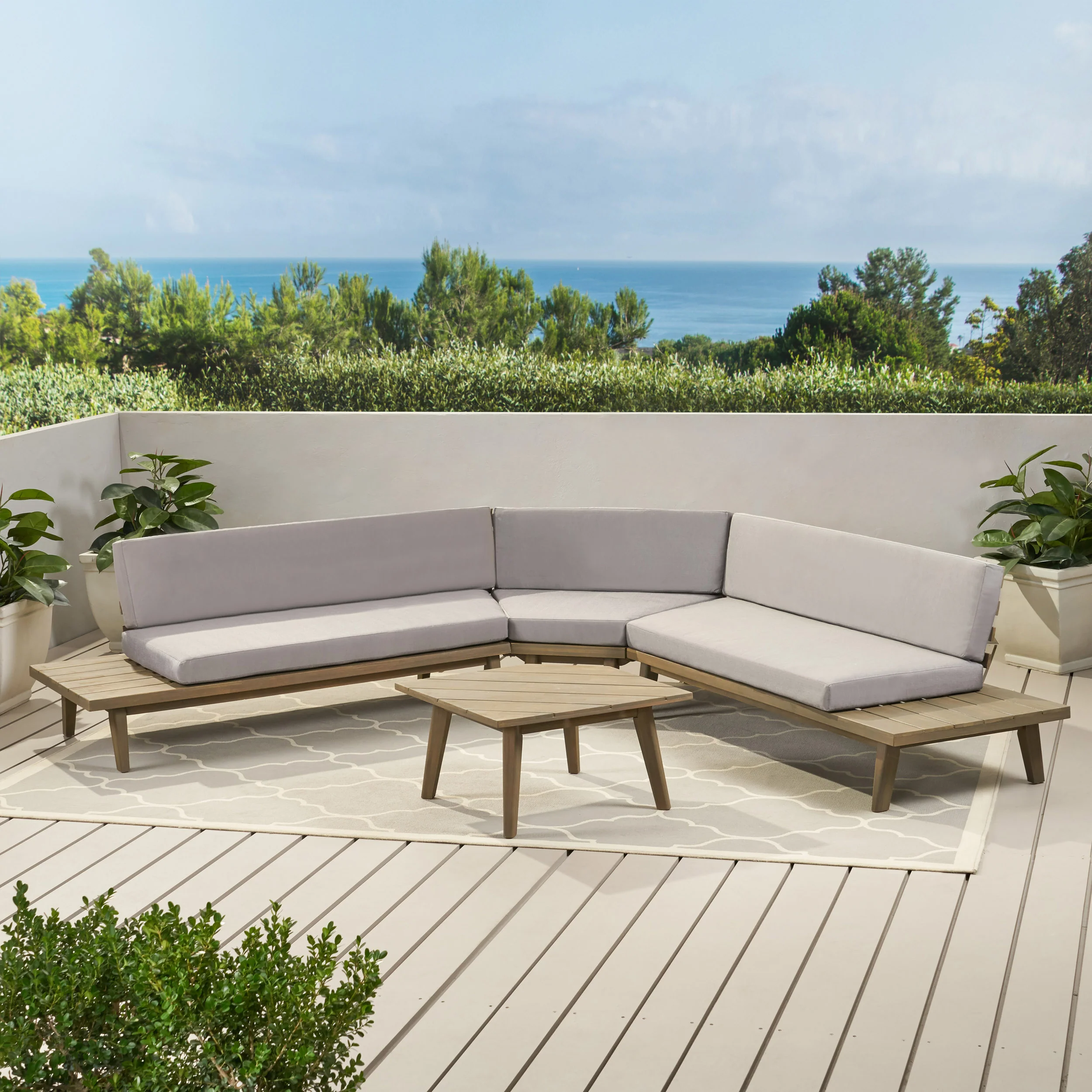 Hillside Mid Century Modern Outdoor Wood Platform Sectional With Built In End Tables & Coffee Table - furnishings
