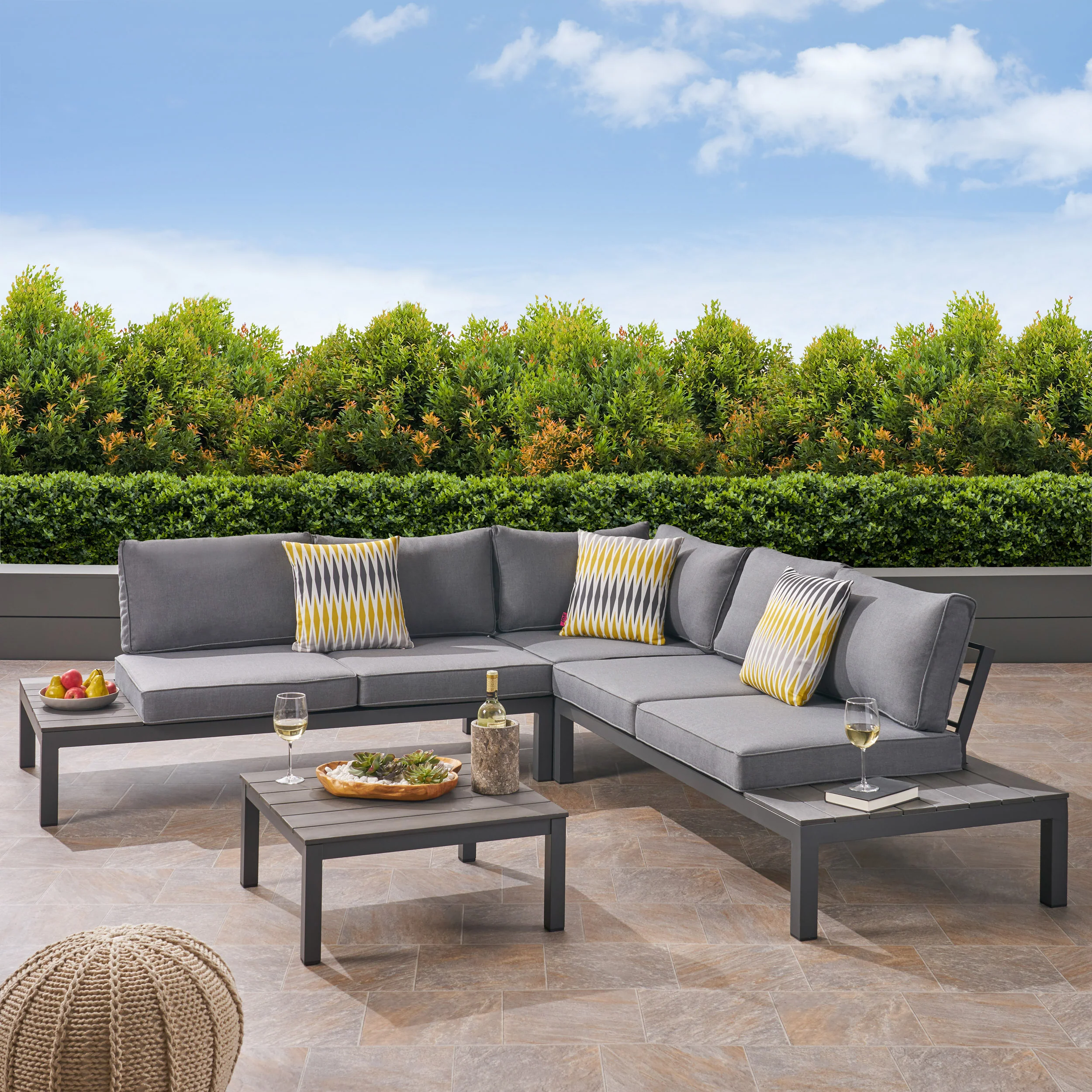 Blessen Outdoor Aluminum and Wood V-Shaped Sofa Set with Cushions - furnishings