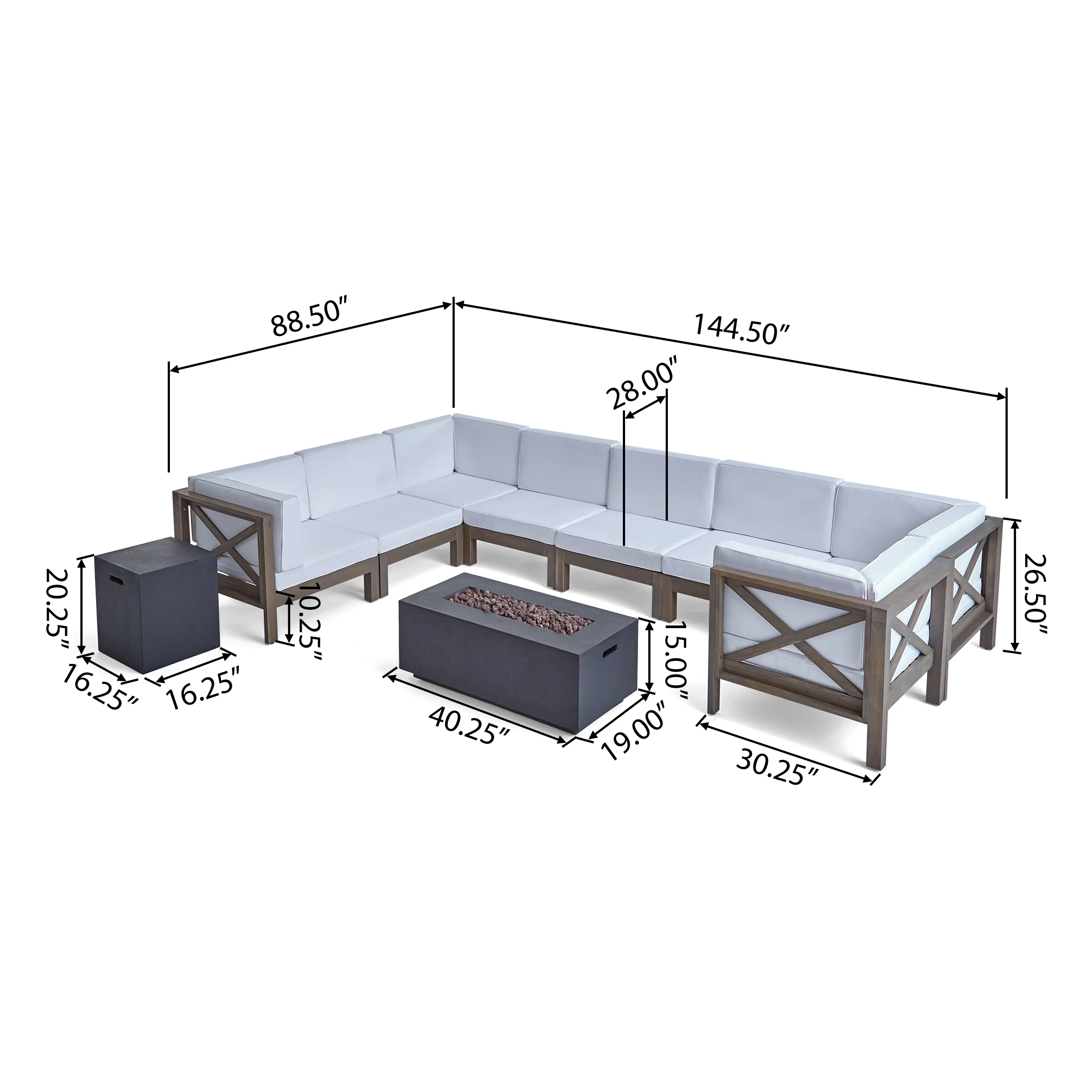 Cynthia Outdoor Acacia Wood 10-Piece U-Shaped Sectional Sofa Set with Fire Pit - furnishings