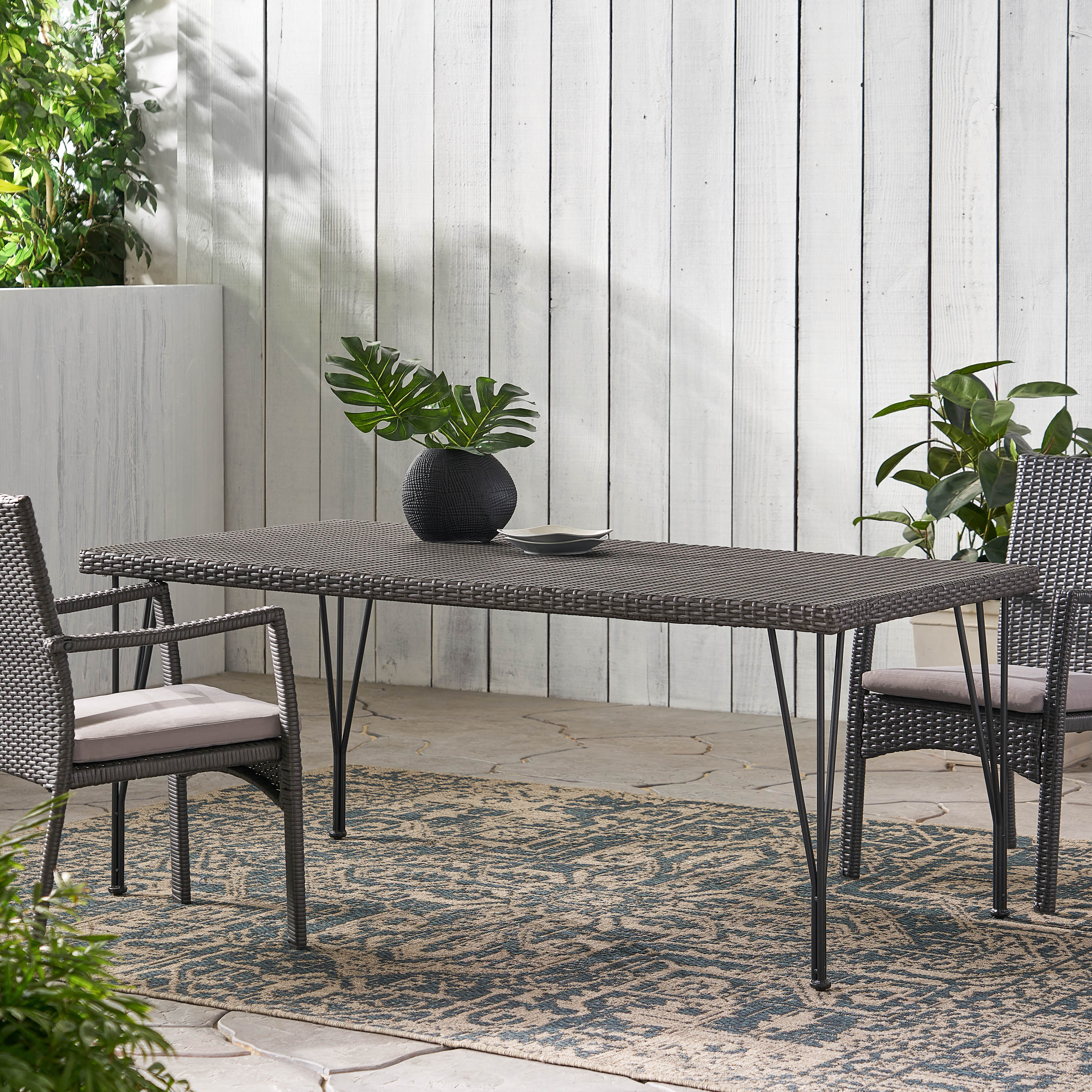 Belmy Outdoor Gray Wicker Rectangular Dining Table with Hair Pin Legs - furnishings