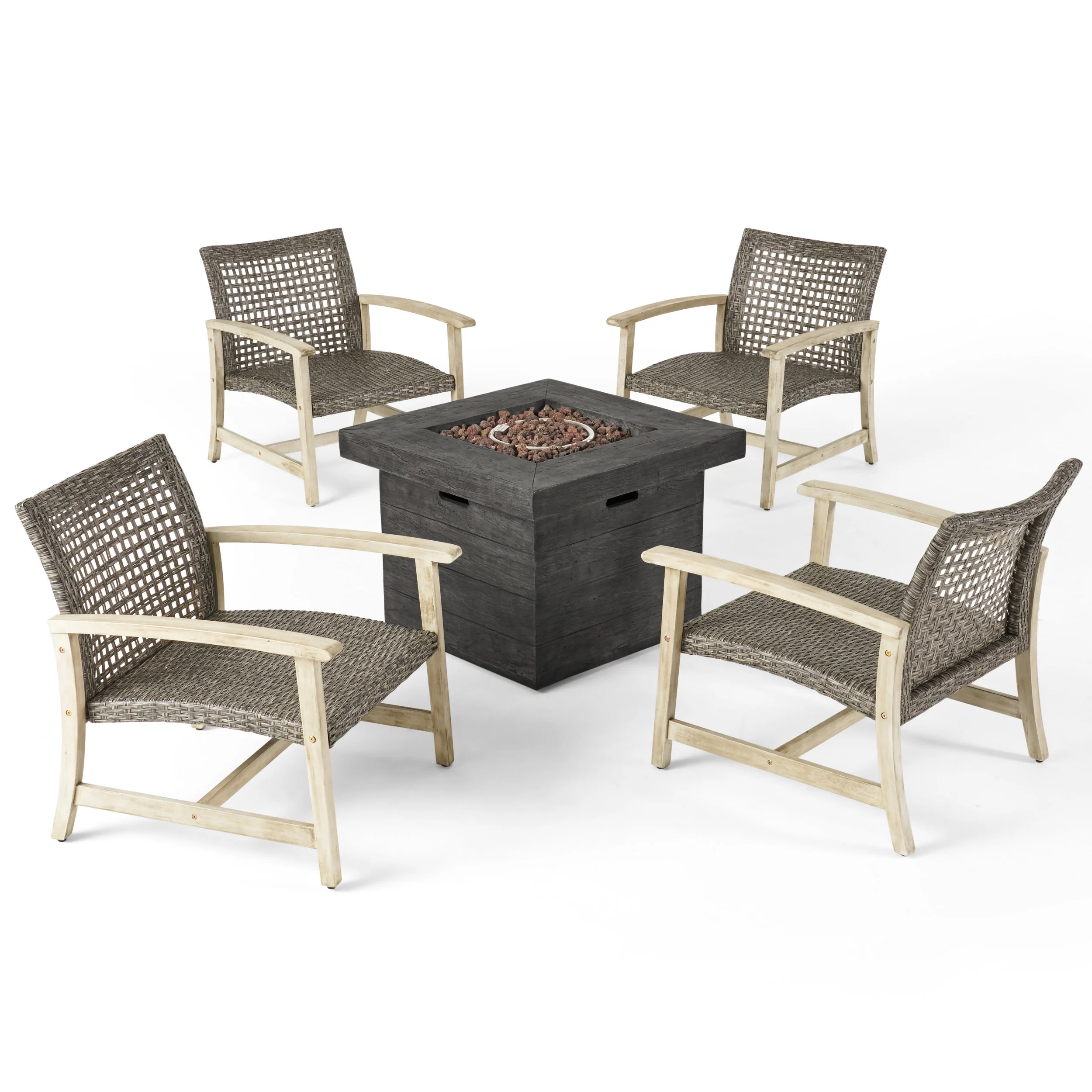 Eleanor Outdoor 5 Piece Wood and Wicker Club Chairs and Fire Pit Set - furnishings