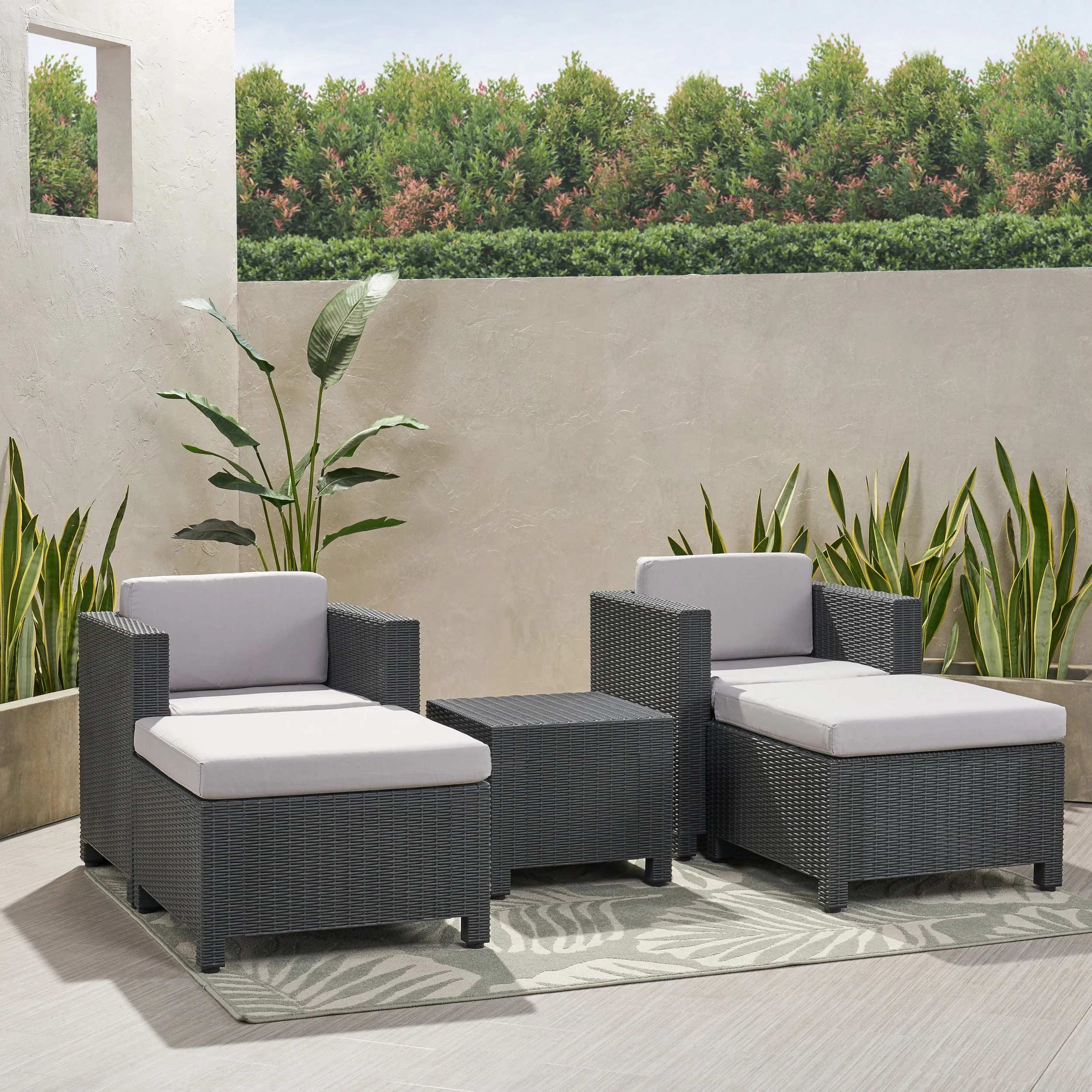 Riley Outdoor Wicker Print 2 Seater Chat Set with Ottomans - furnishings