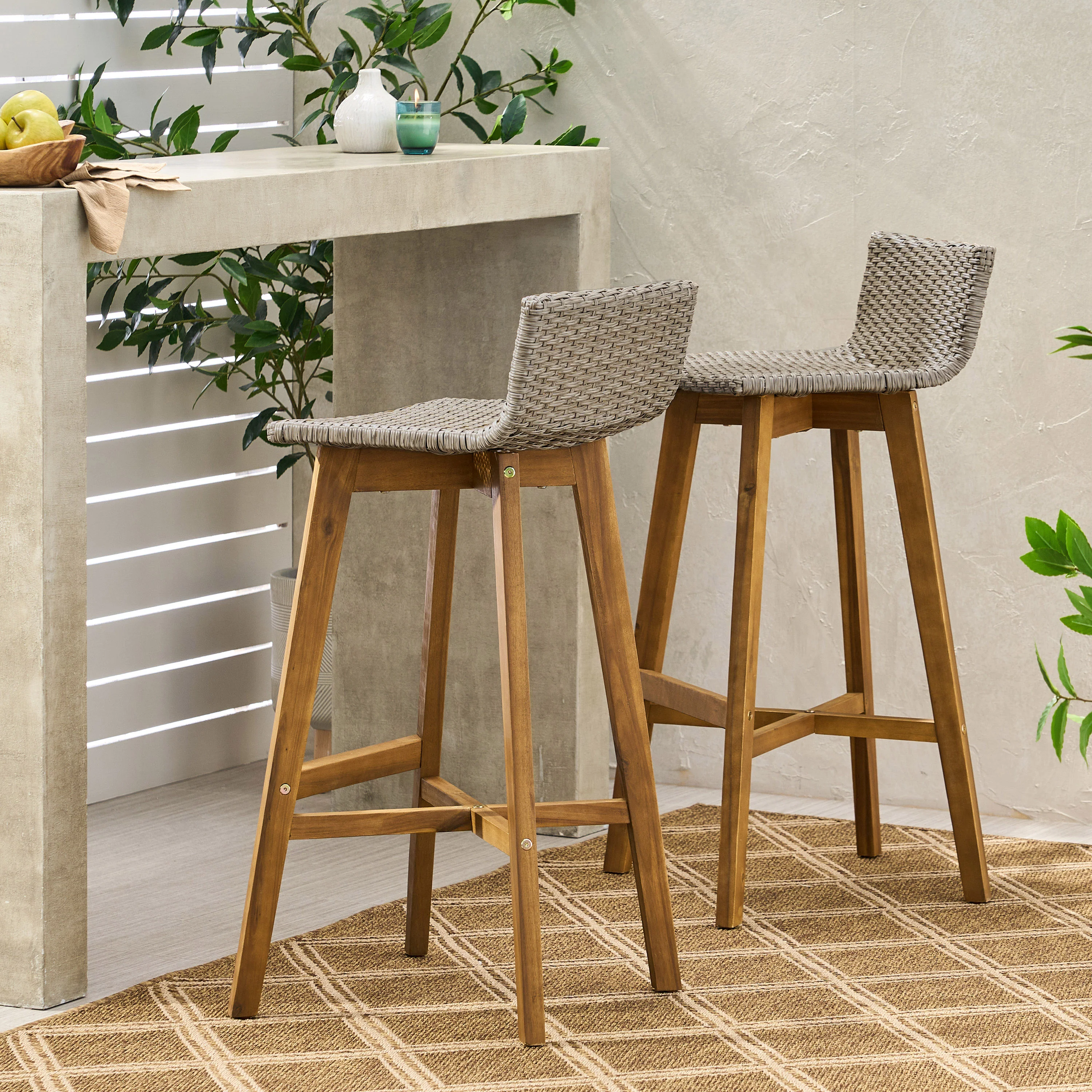Bellagio Outdoor Acacia Wood & Wicker Barstools (Set of 2) - furnishings