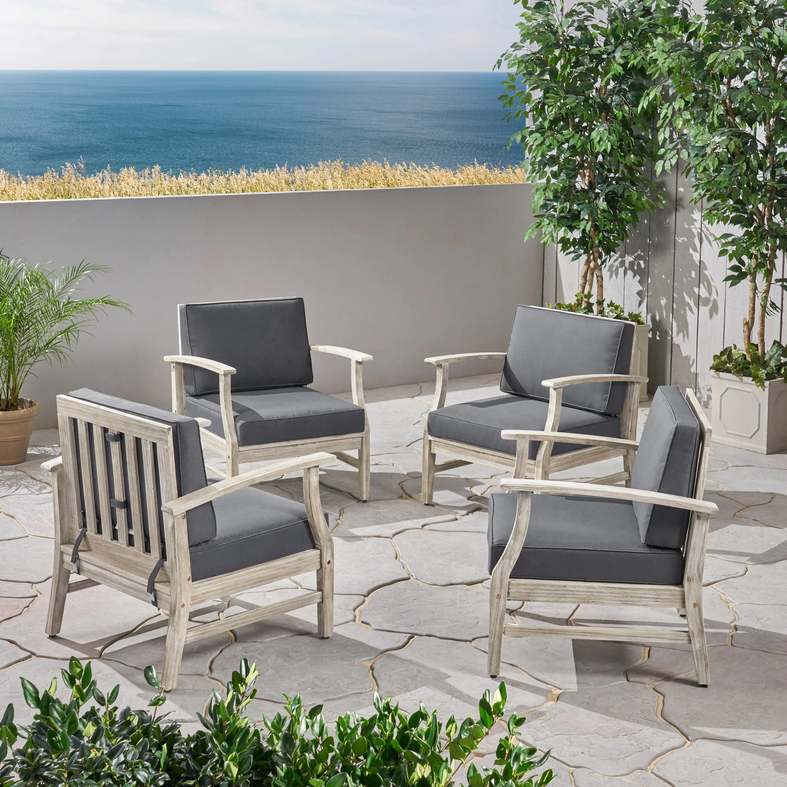 Fanny Outdoor Acacia Wood Club Chairs with Cushions (Set of 4), Light Gray and Dark Gray - furnishings