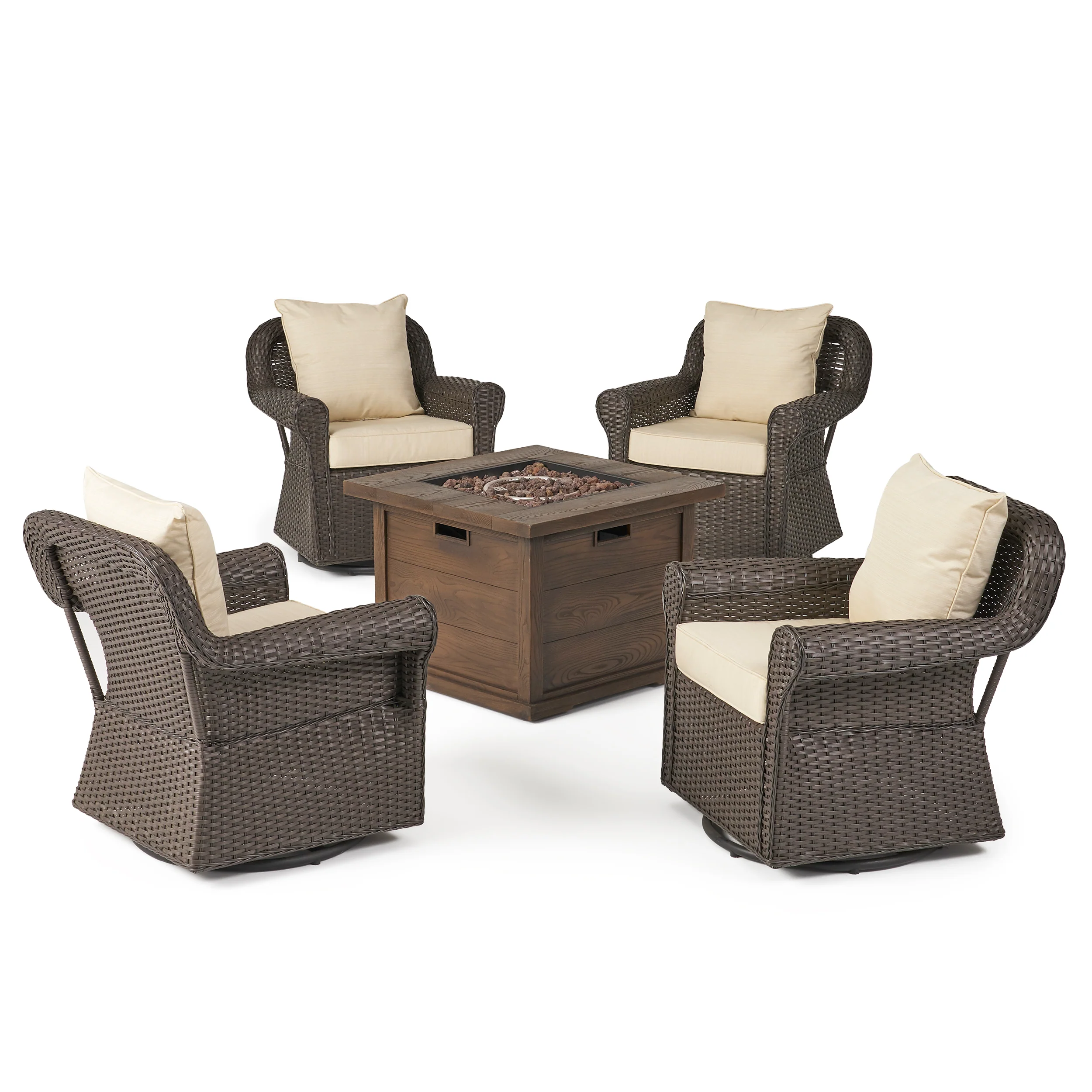 Venturi Outdoor 5 Piece Wicker Swivel Club Chairs with Brown Gas Fire Pit - furnishings