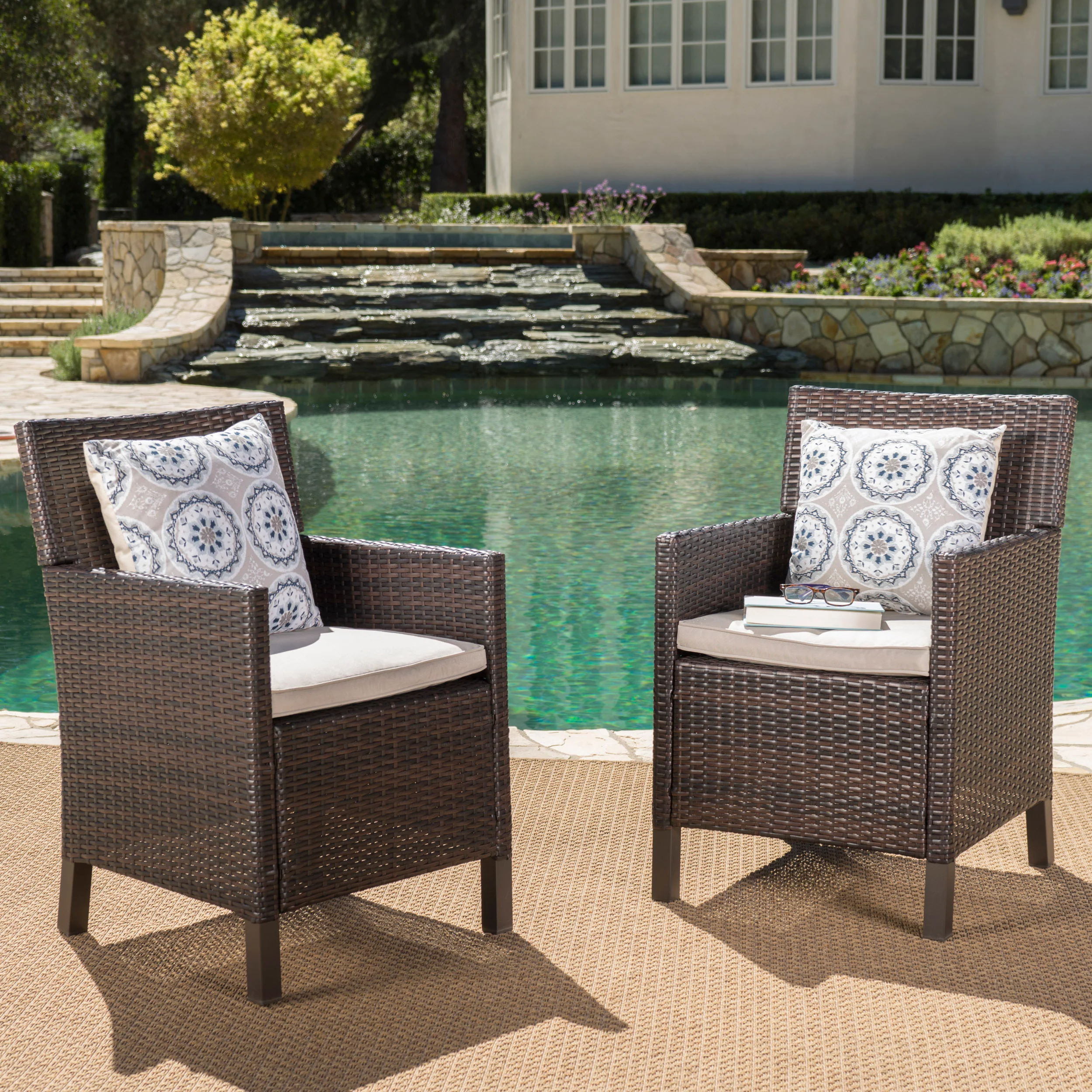 Cyrus Outdoor Wicker Dining Chairs with Water Resistant Cushions (Set of 2) - furnishings