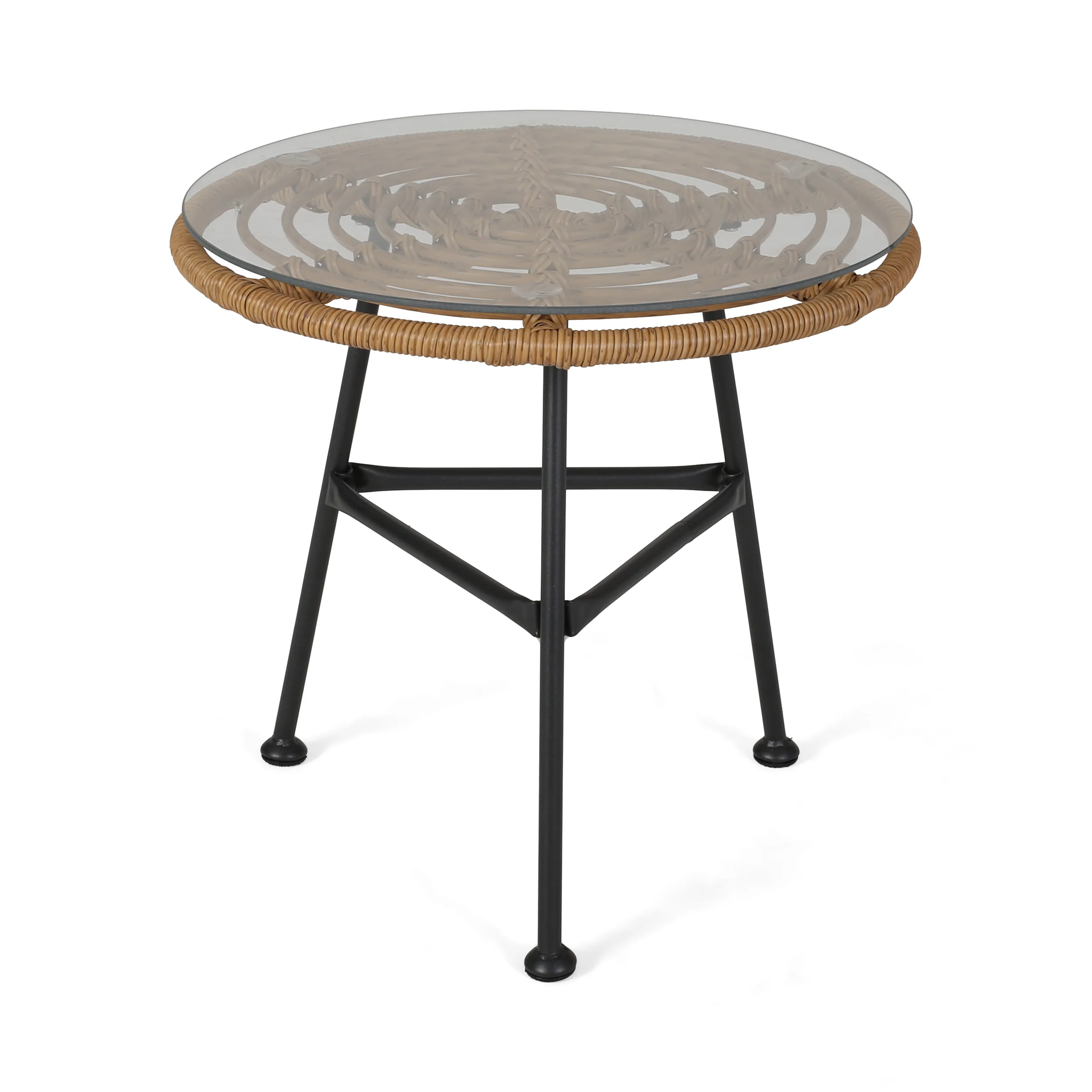 Rodney Outdoor Woven Faux Rattan Side Table with Glass Top - furnishings