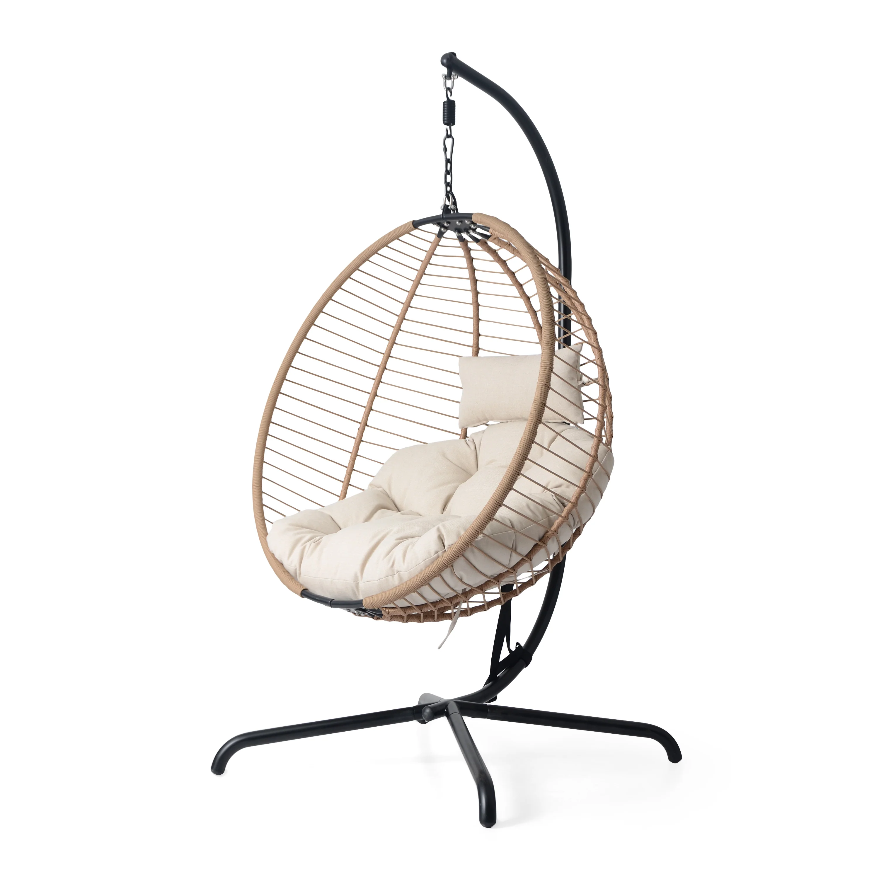 Luciane Outdoor Patio Hanging Basket Chair with Stand, Beige + Brown - furnishings