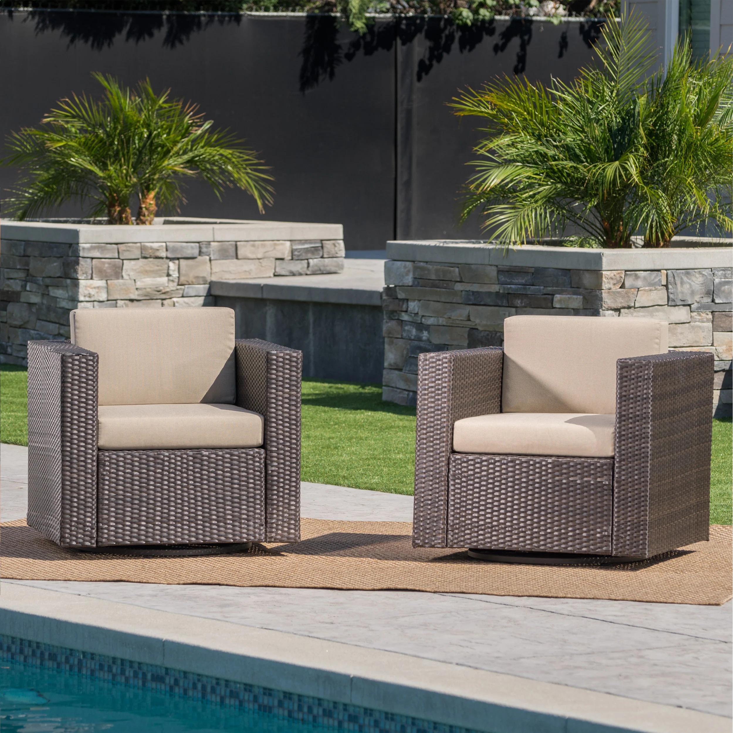 Venice Outdoor Wicker Swivel Club Chairs with Cushions, Set of 2 - furnishings