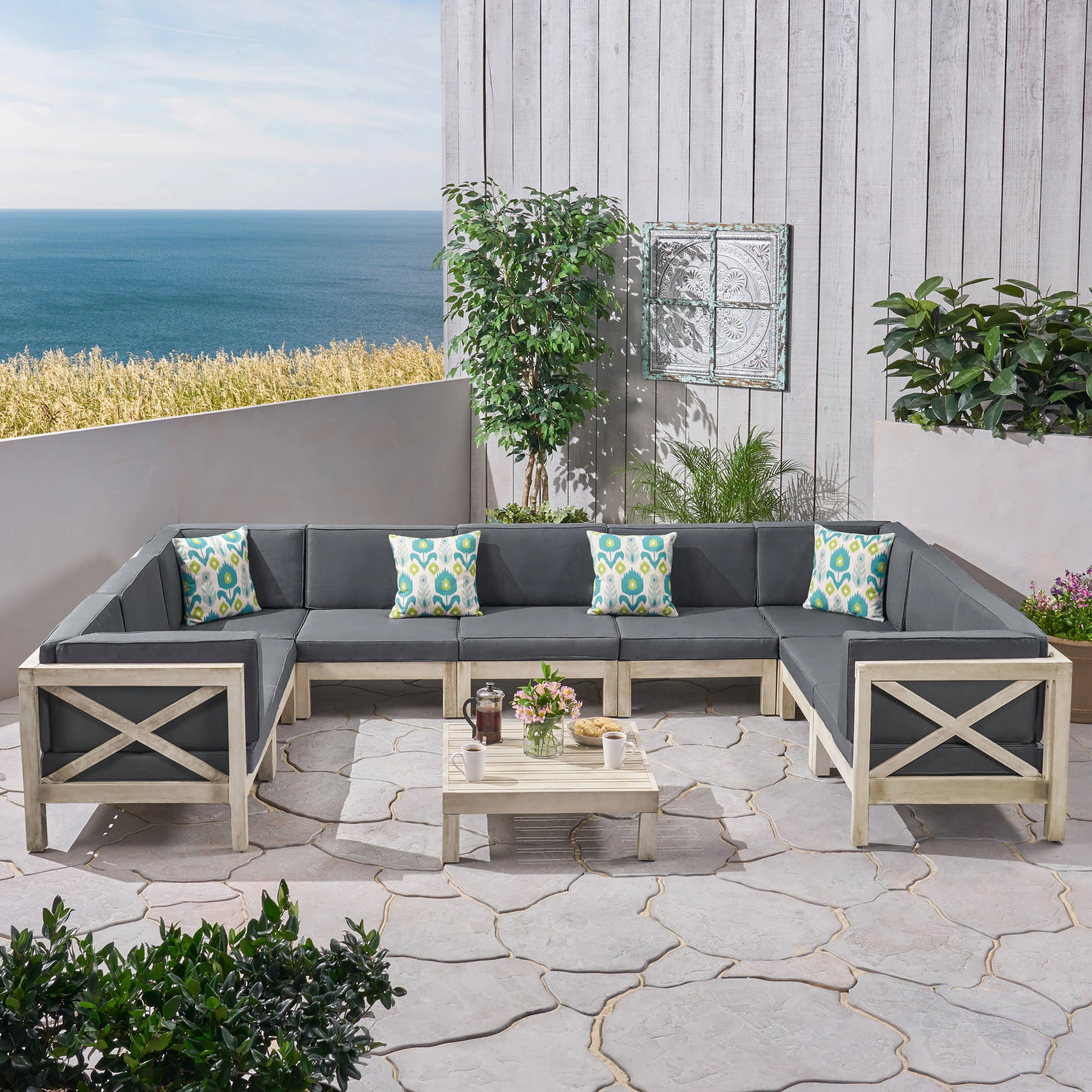 Olivia Outdoor 9 Seater Acacia Wood Sectional Sofa Set, Weathered Finish and Dark Gray - furnishings