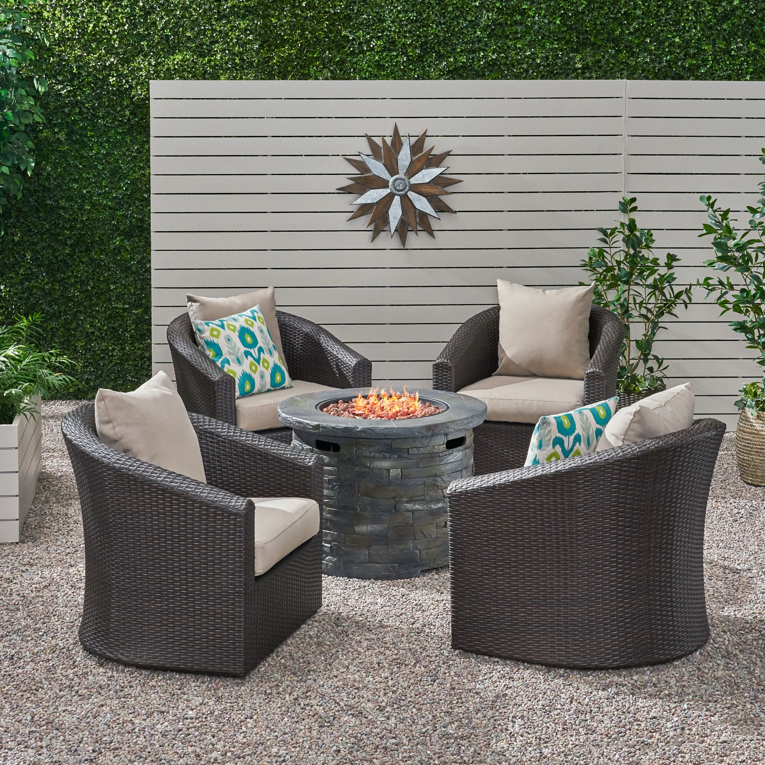 Gletchburg Outdoor 5 Piece Fire Pit Wicker Swivel Club Chair Chat Set - furnishings