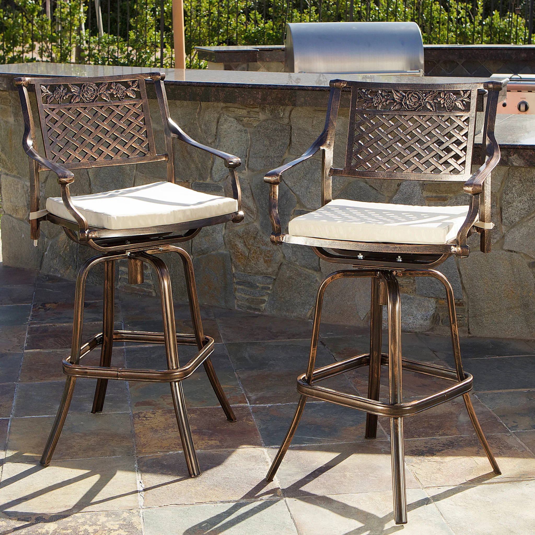 Sierra 30-Inch Outdoor Cast Aluminum Swivel Bar Stools w/ Cushion (Set of 2) - furnishings