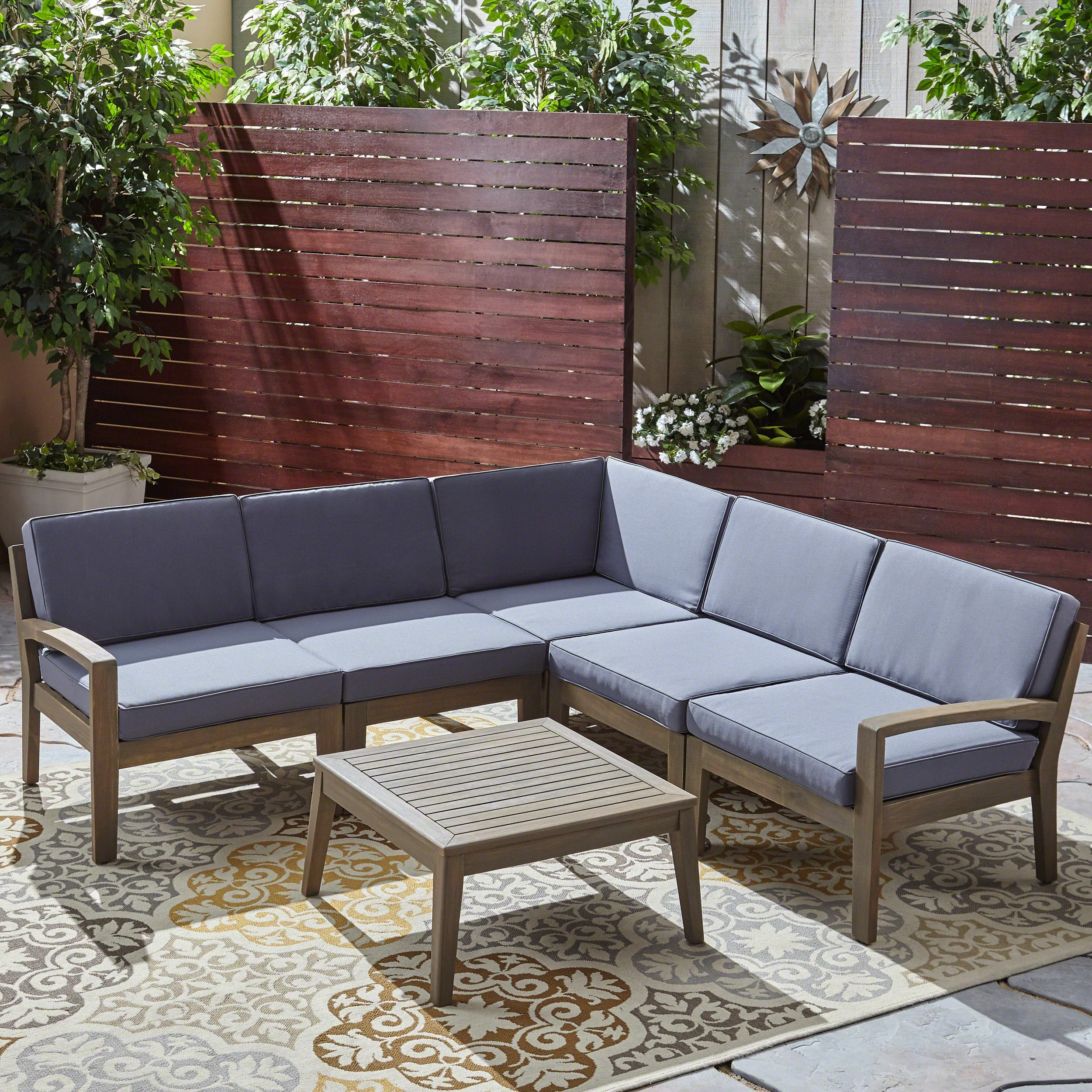 Ray Outdoor Acacia Wood 5 Seater Sectional Sofa Set with Coffee Table - furnishings