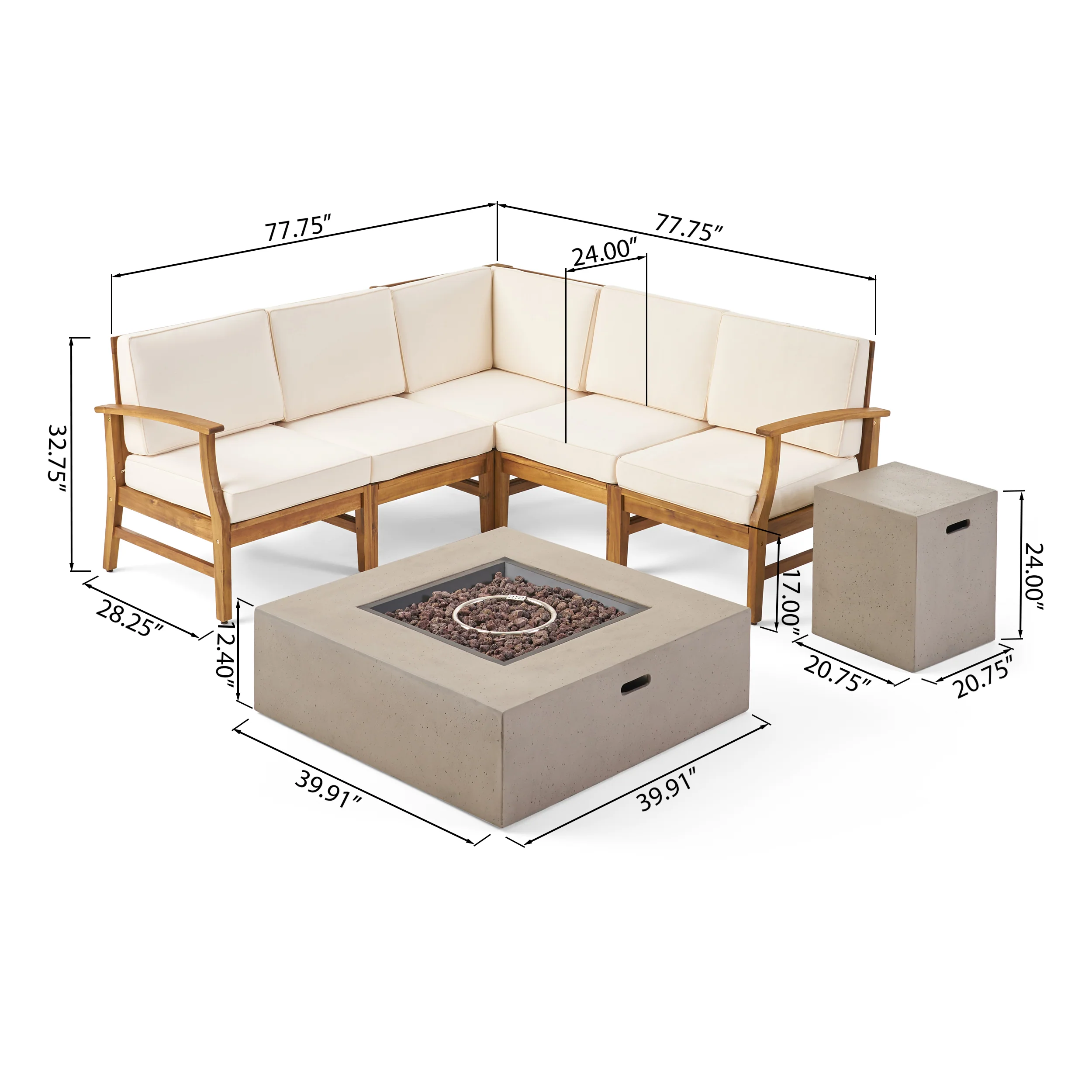 Nyeemah Outdoor 5 Seater V-Shaped Acacia Wood Sofa Set with Square Fire Table and Tank - furnishings