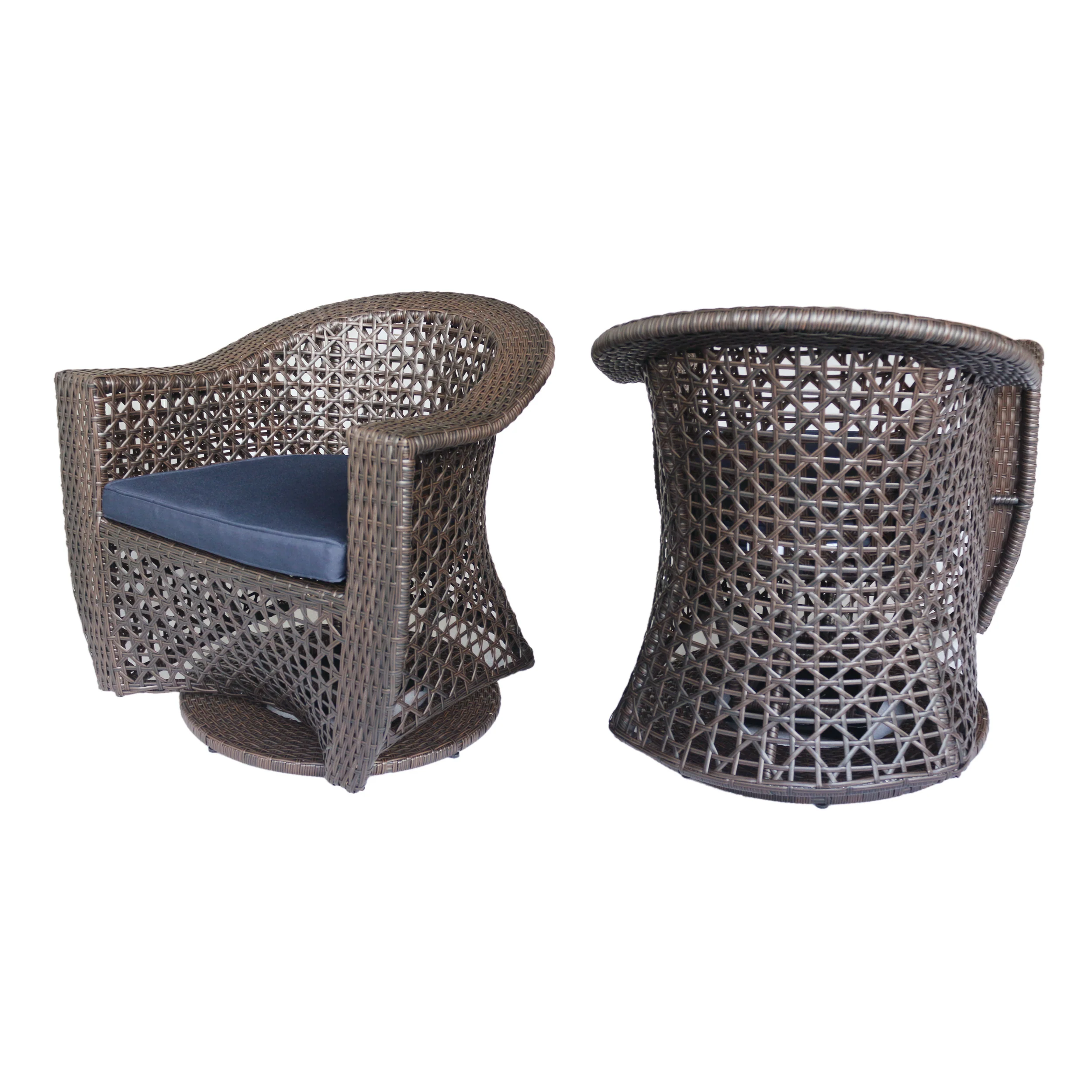 Big Sur Patio Swivel Chair, Wicker with Outdoor Cushions, Multi-Brown, Navy Blue - furnishings