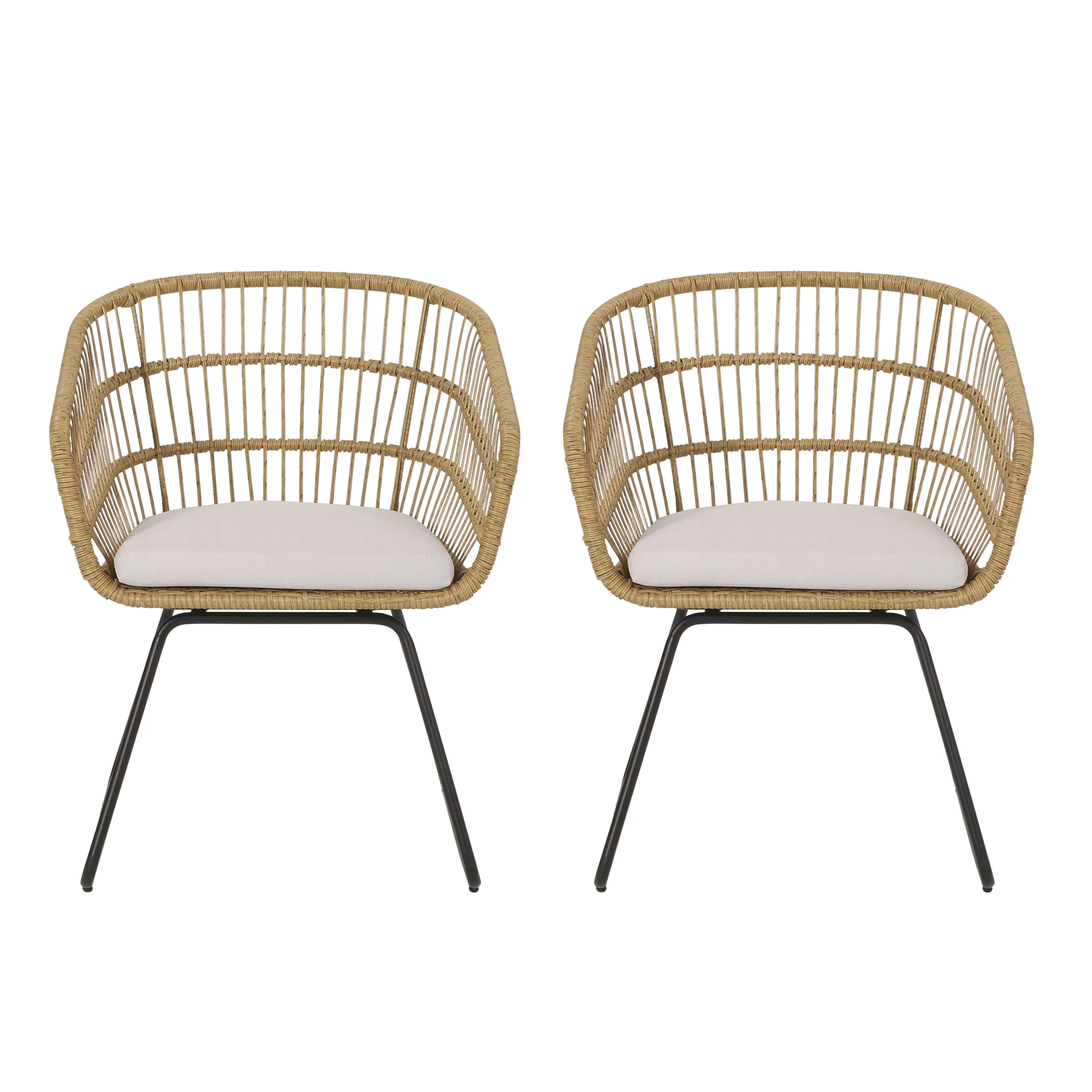 Edson Outdoor Wicker Dining Chairs with Cushion, Set of 2, Light Brown, Beige, and Black - furnishings
