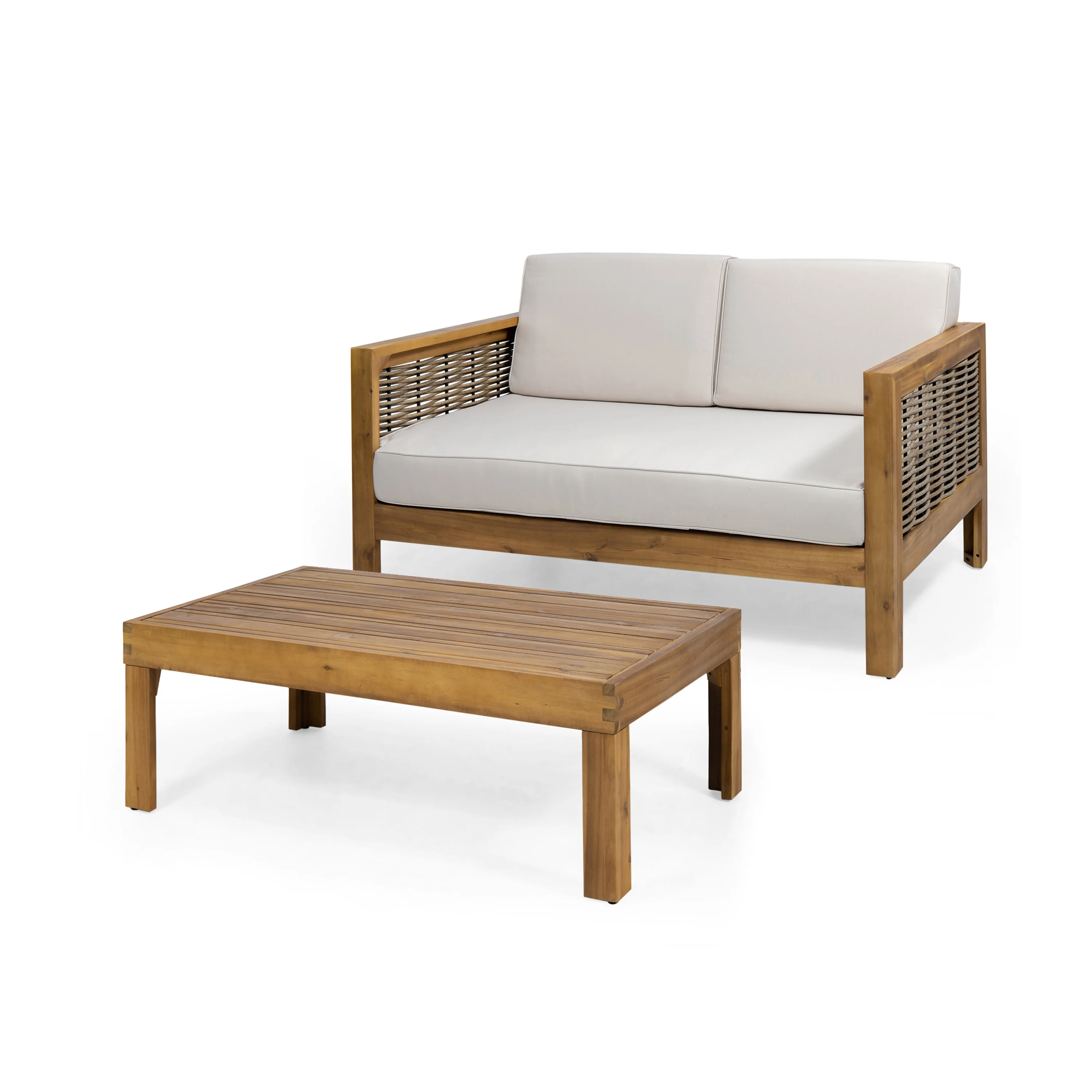 Allegra Outdoor Acacia Wood and Wicker Loveseat and Coffee Table Set with Cushions - furnishings
