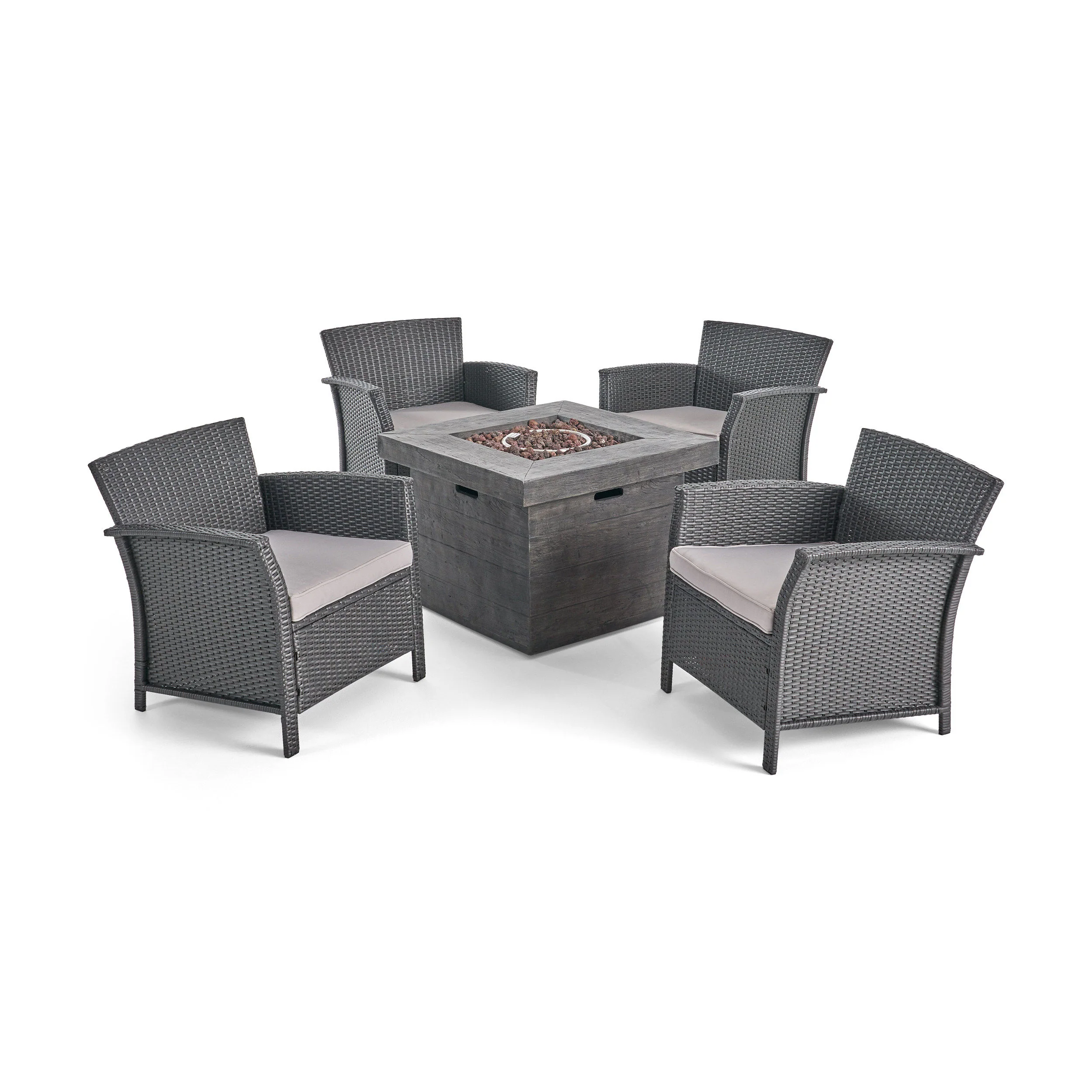 Laiah Outdoor 4 Piece Wicker Club Chair Chat Set with Wood Finished Fire Pit - furnishings
