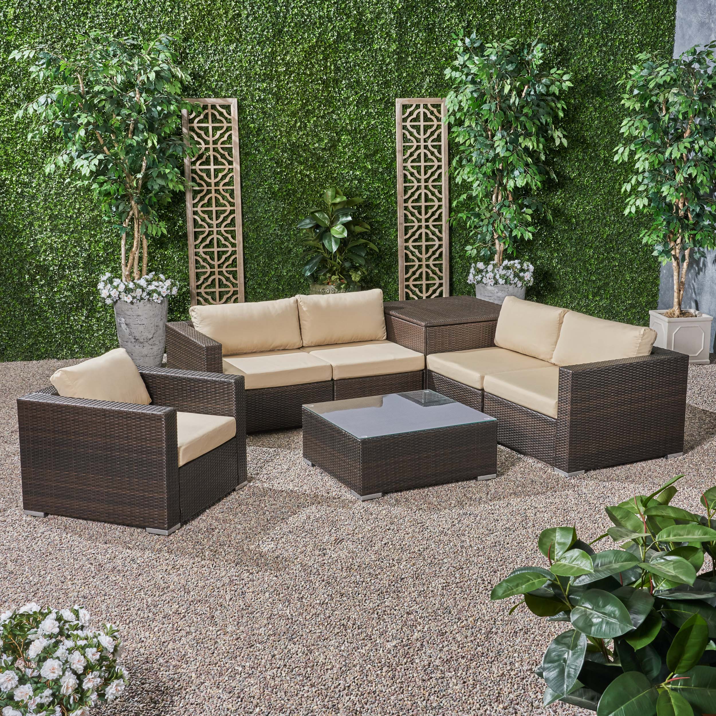 Kyra Outdoor 5 Seater Wicker Sectional Sofa Set with Storage Ottoman and Sunbrella Cushions - furnishings