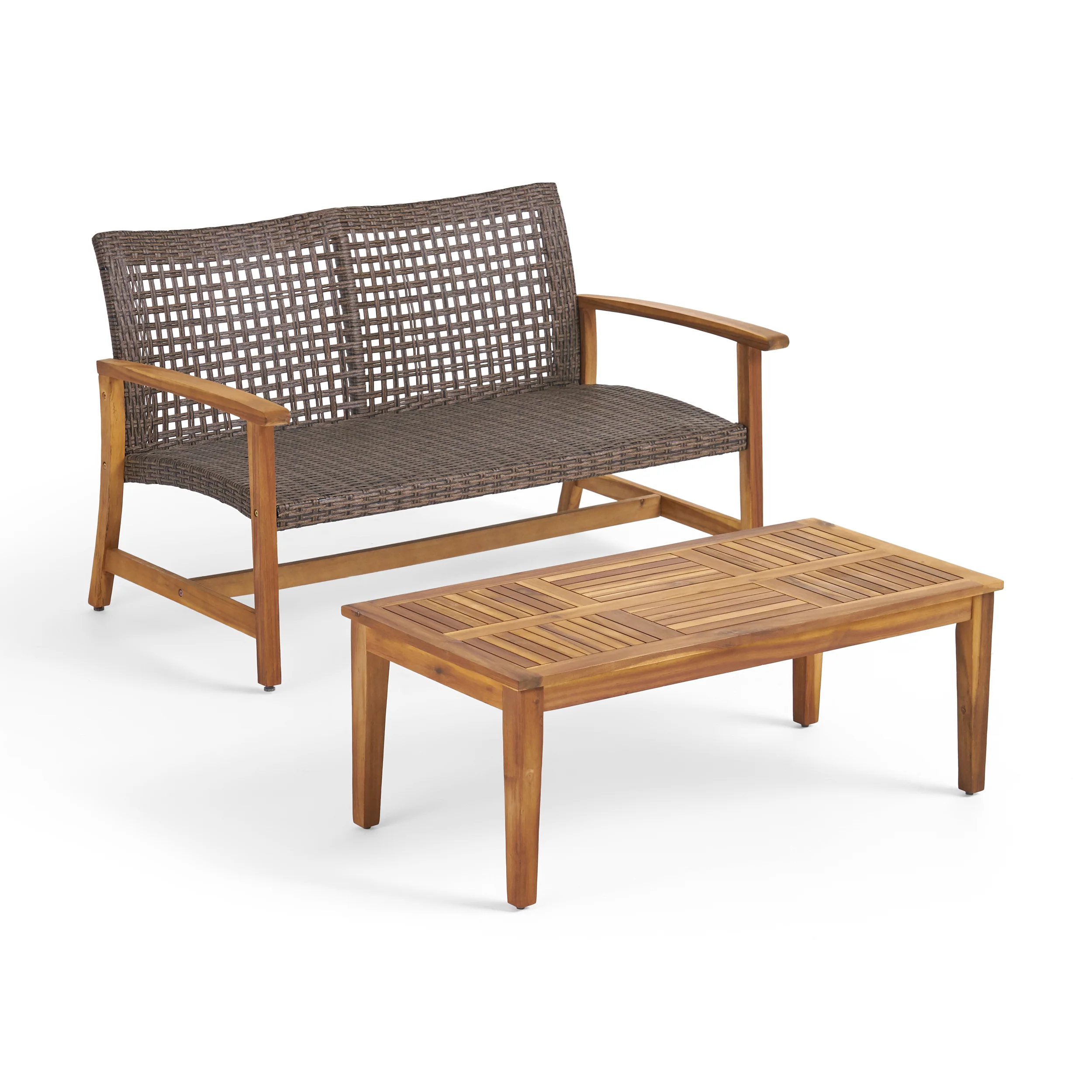 Spring Spender Outdoor Wood and Wicker Loveseat and Coffee Table Set - furnishings