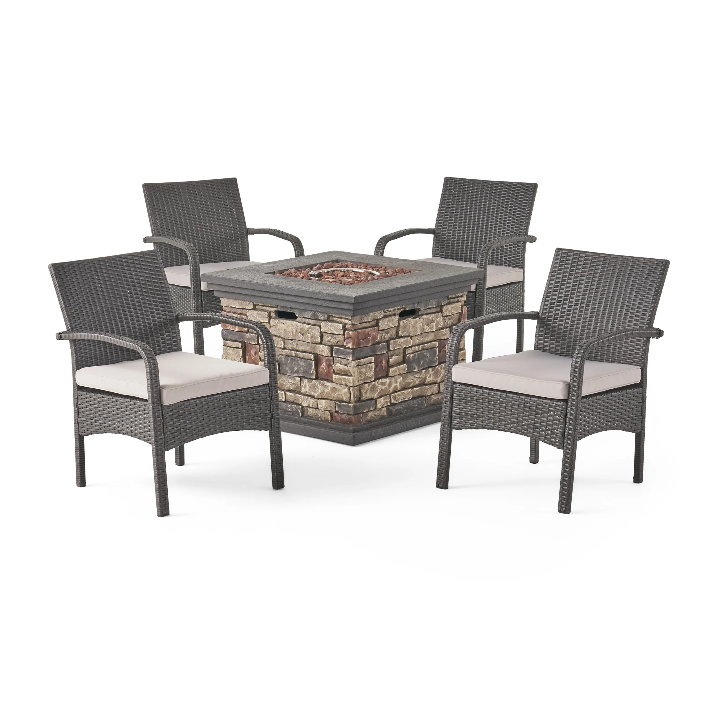 Meroy Patio Fire Pit Set, 4-Seater with Club Chairs, Wicker with Outdoor Cushions - furnishings